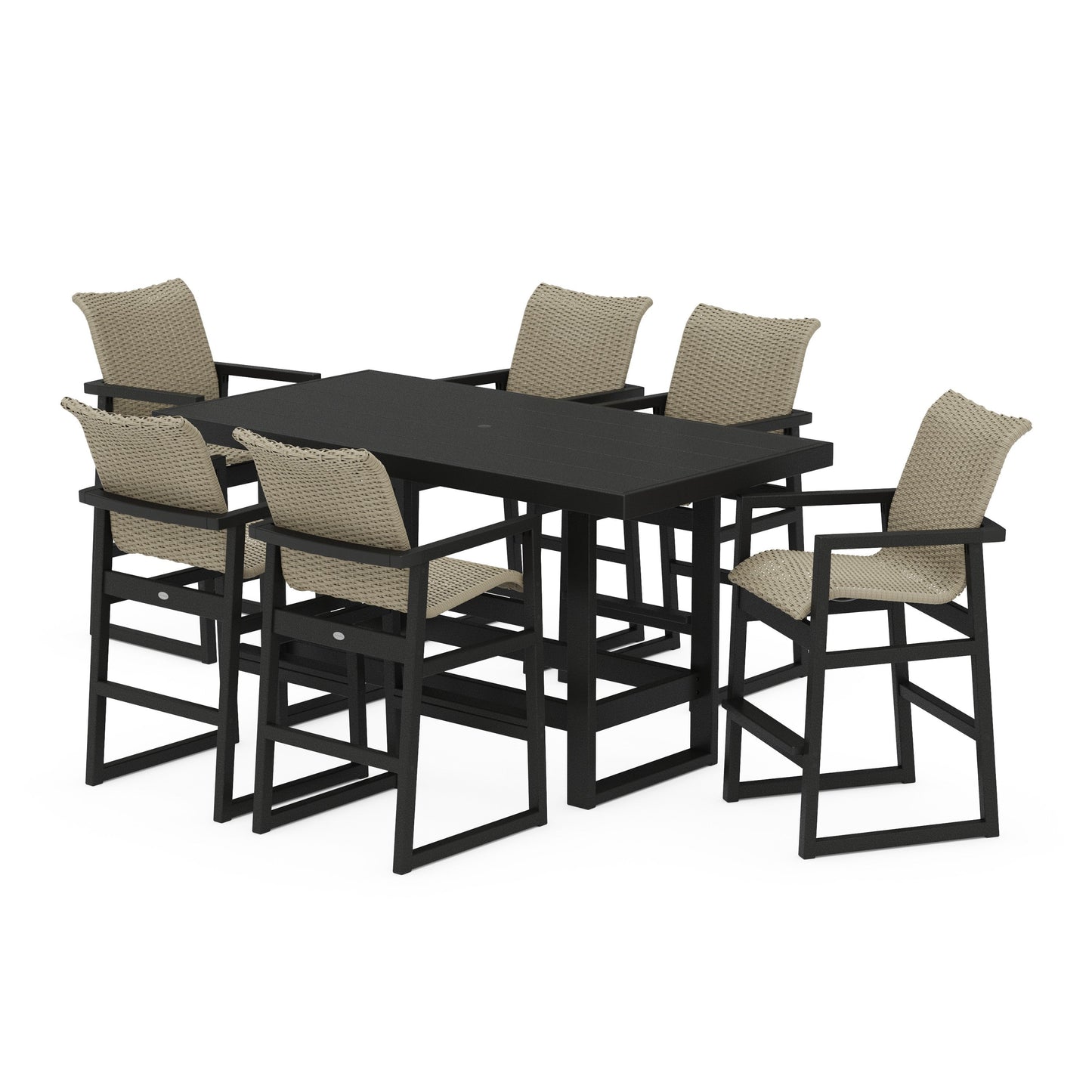 POLYWOOD EDGE Woven Arm Chair 7-Piece Bar Set — Black / Dune Grass