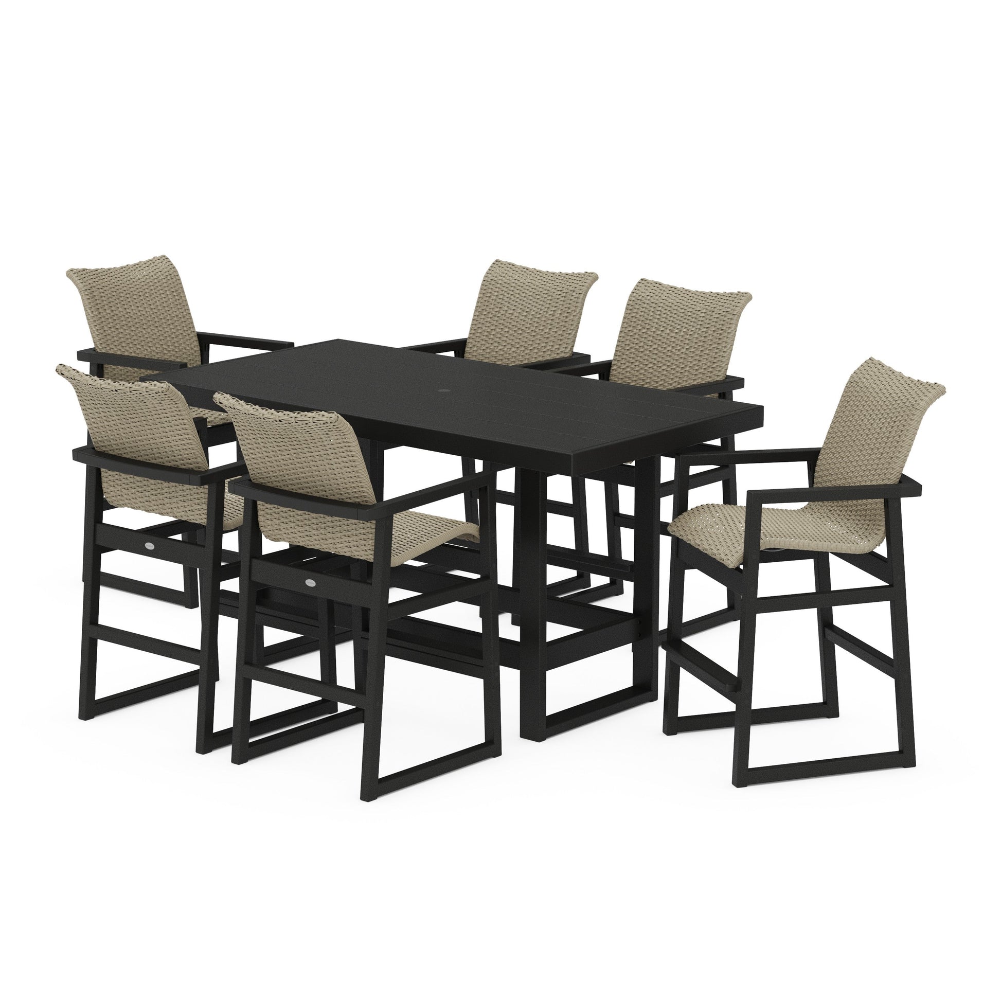 POLYWOOD EDGE Woven Arm Chair 7-Piece Bar Set — Black / Dune Grass