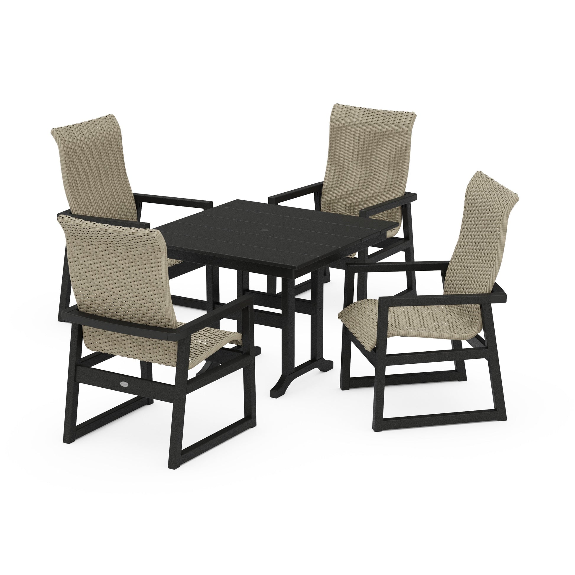 POLYWOOD EDGE Woven Highback 5-Piece Farmhouse Dining Set — Black / Dune Grass