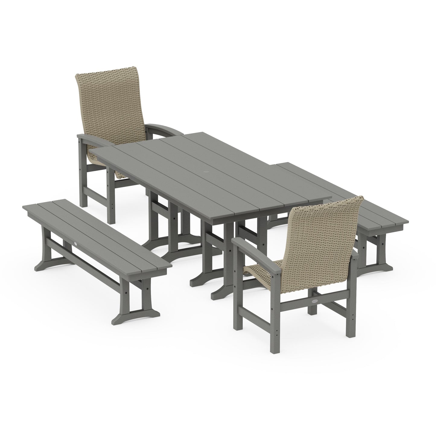 POLYWOOD Coastal Woven High-Back 5-Piece Farmhouse Dining Set with Benches — Slate Grey / Dune Grass