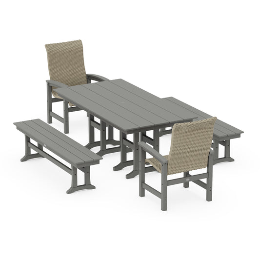 POLYWOOD Coastal Woven High-Back 5-Piece Farmhouse Dining Set with Benches — Slate Grey / Dune Grass
