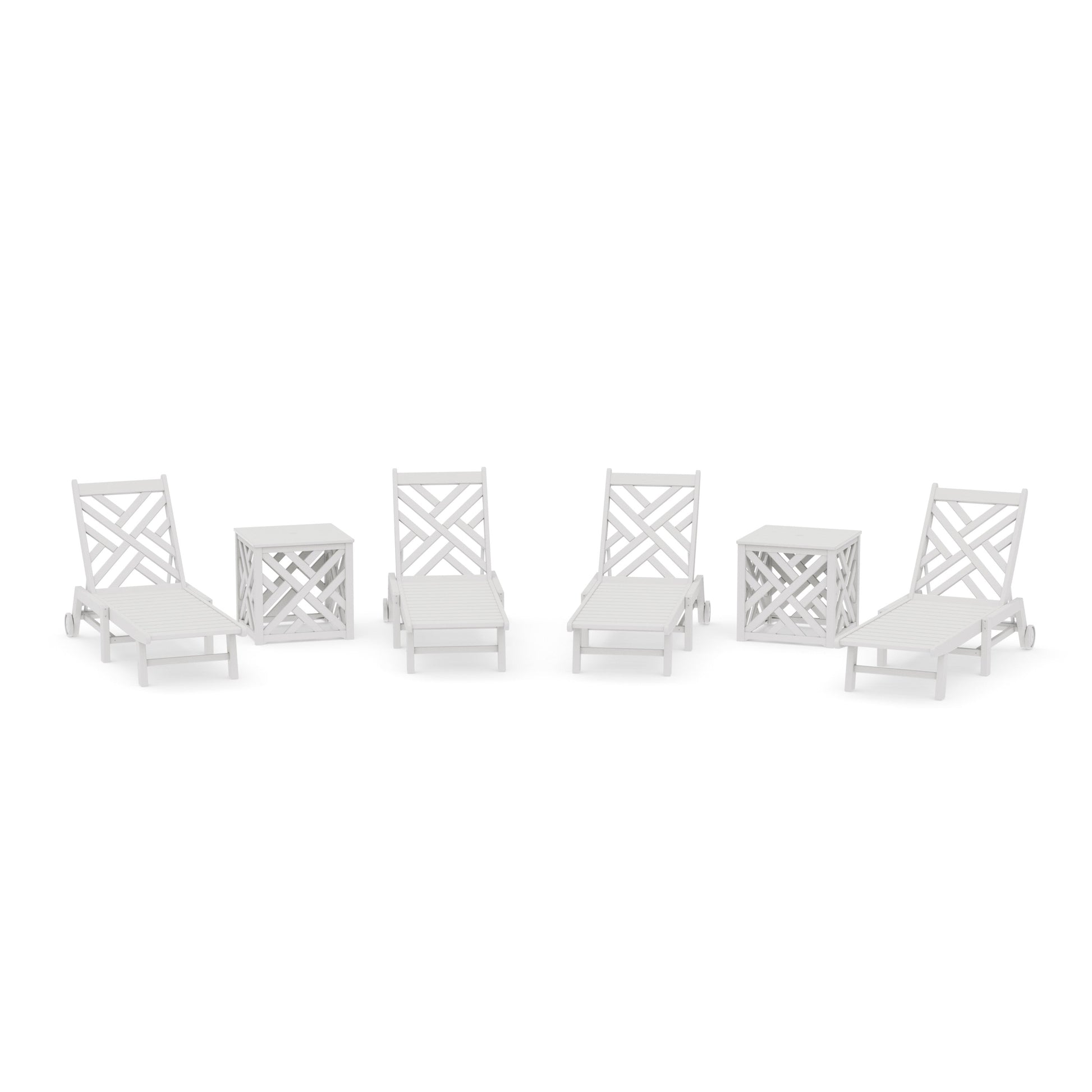 POLYWOOD Chippendale 6-Piece Chaise Set with Wheels and Umbrella Stand Accent Table — Vintage White