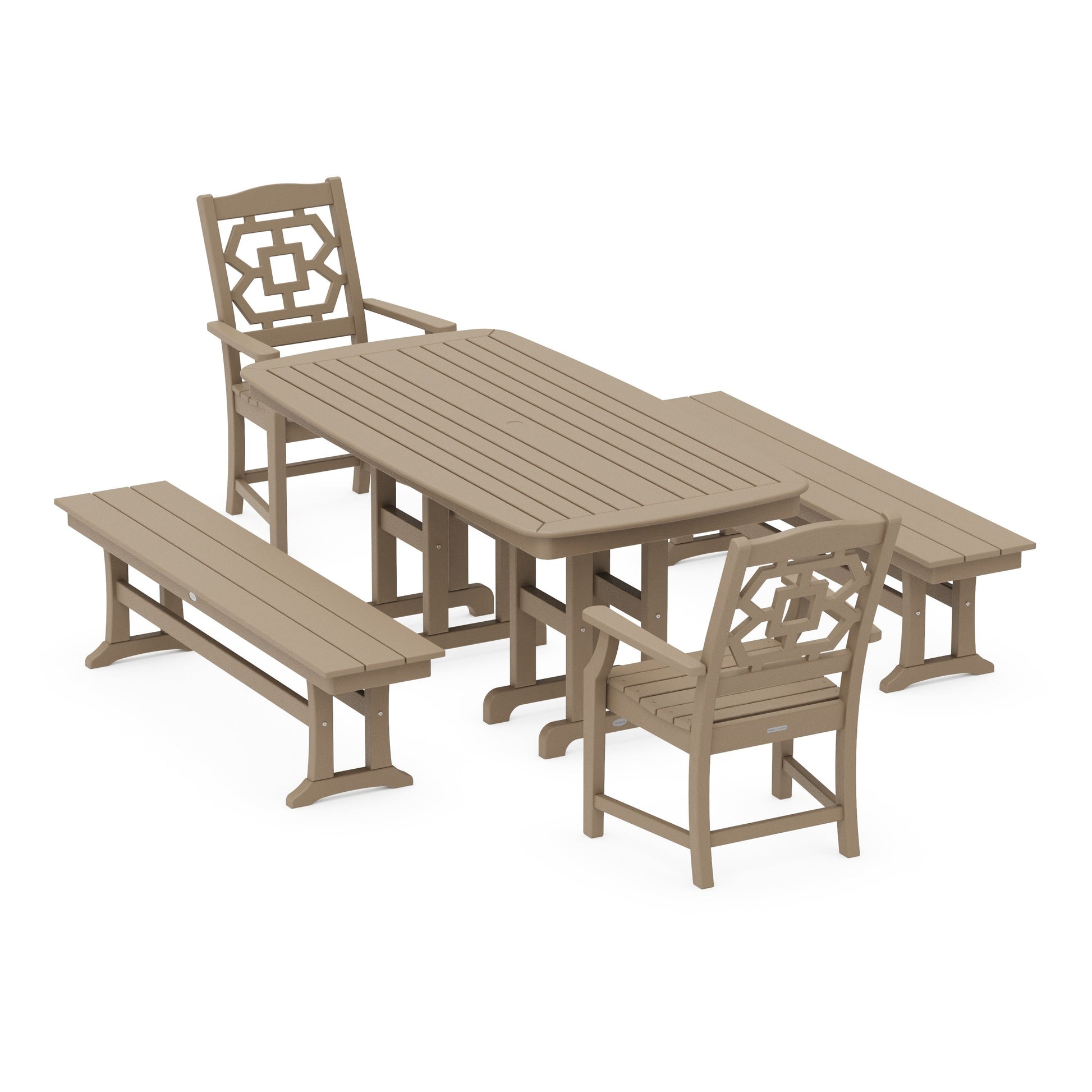 POLYWOOD Chinoiserie 5-Piece Dining Set with Benches — Vintage Sahara