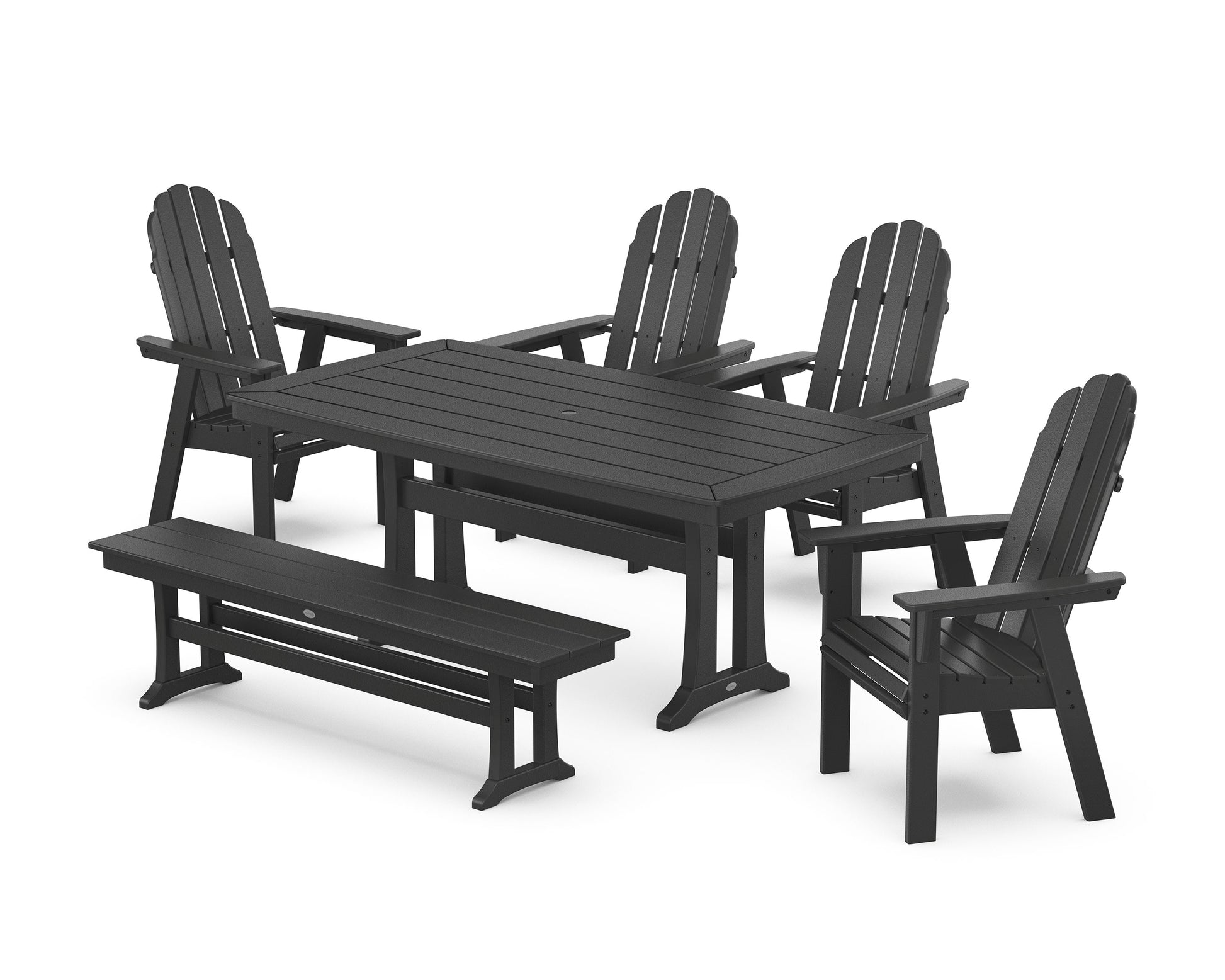 POLYWOOD Vineyard Curveback Adirondack Chair 6-Piece Dining Set with Trestle Legs and Bench — Black