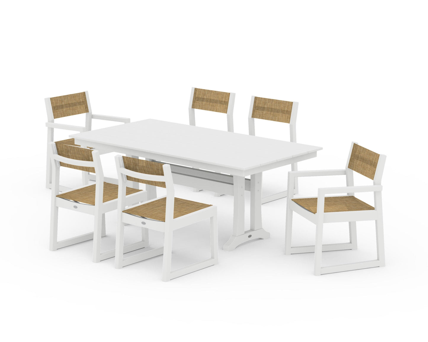 POLYWOOD EDGE Sling 7-Piece Farmhouse Trestle Dining Set — White / Burlap Sling