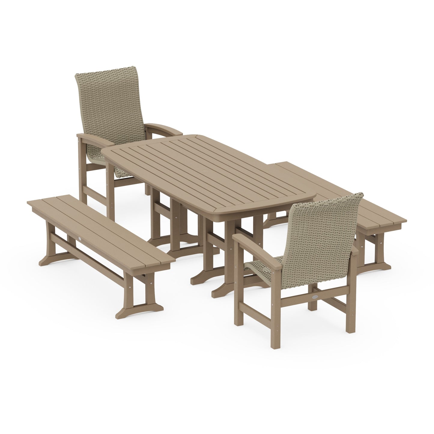 POLYWOOD Coastal Woven High-Back 5-Piece Dining Set with Benches — Vintage Sahara / Dune Grass