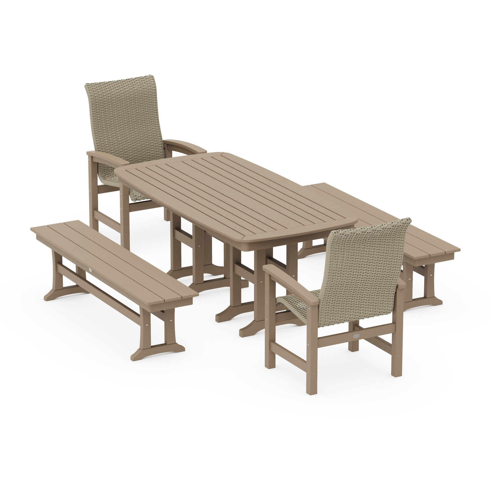 POLYWOOD Coastal Woven High-Back 5-Piece Dining Set with Benches — Vintage Sahara / Dune Grass
