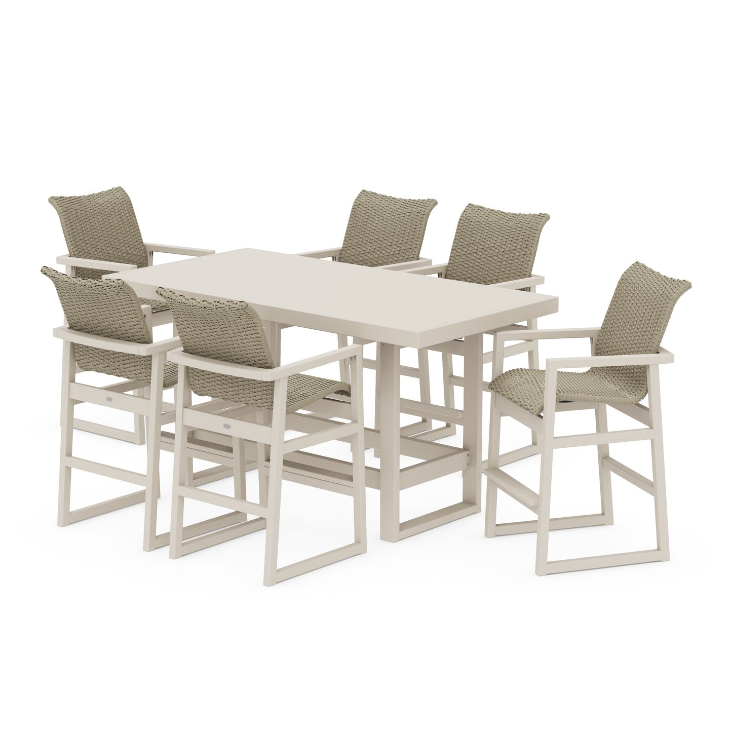 POLYWOOD EDGE Woven Arm Chair 7-Piece Bar Set — Sand / Dune Grass