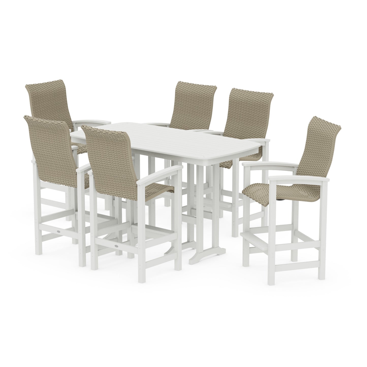 POLYWOOD Coastal Woven High-Back Arm Chair 7-Piece Bar Set — White / Dune Grass