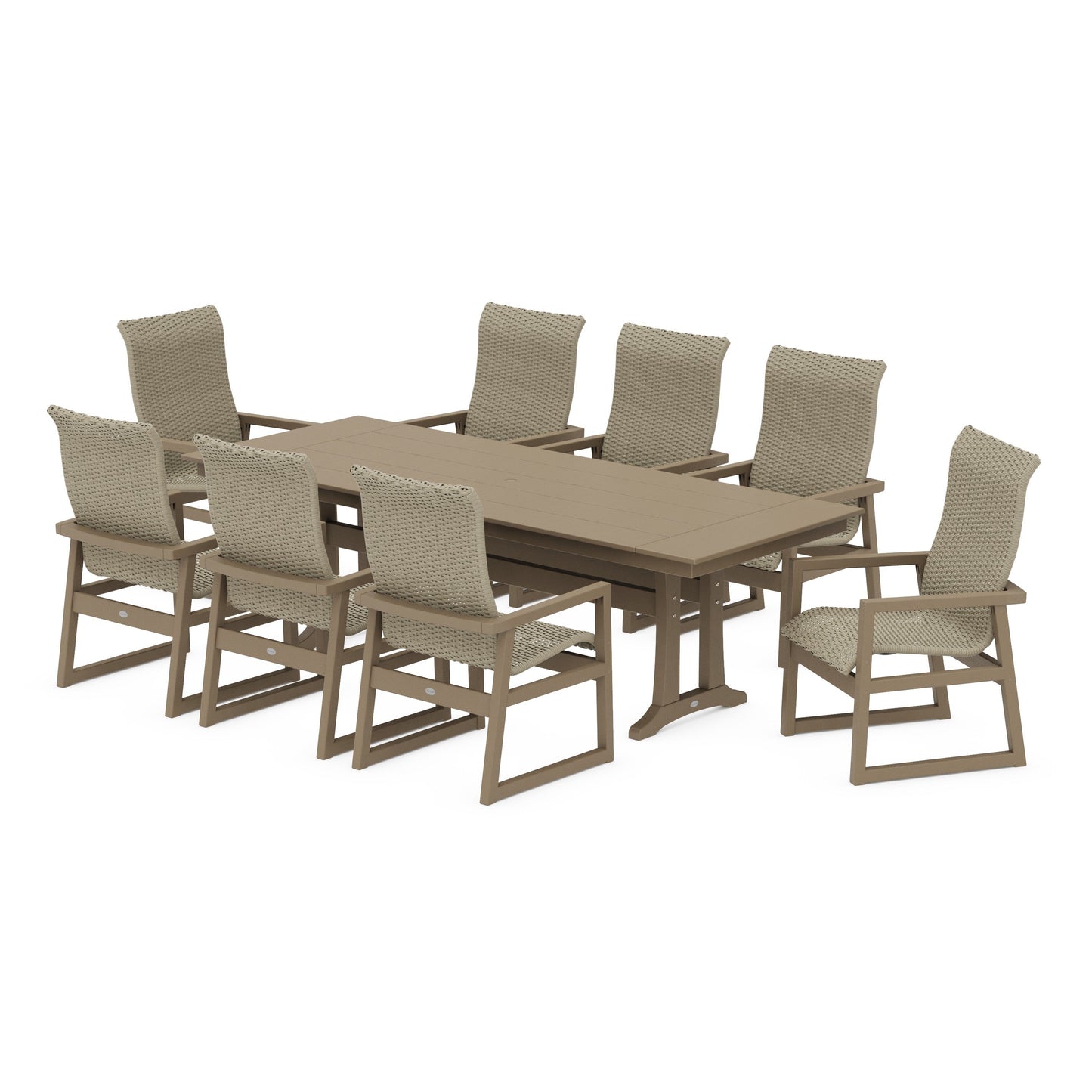 POLYWOOD EDGE Woven Highback 9-Piece Farmhouse Dining Set with Trestle Legs — Vintage Sahara / Dune Grass