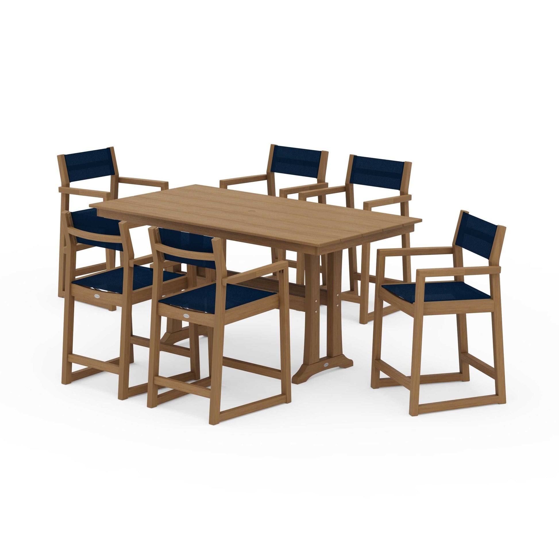 POLYWOOD EDGE Sling Arm Chair 7-Piece Farmhouse Counter Set with Trestle Legs — Natural / Navy Blue Sling