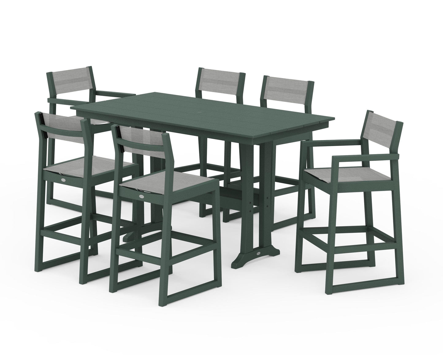 POLYWOOD EDGE Sling 7-Piece Farmhouse Bar Set with Trestle Legs — Green / Metallic Sling