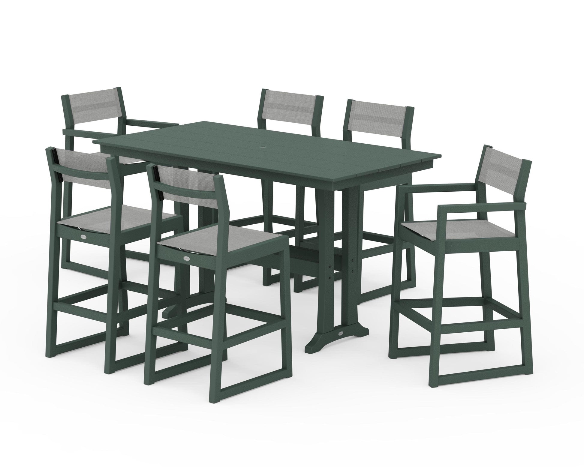 POLYWOOD EDGE Sling 7-Piece Farmhouse Bar Set with Trestle Legs — Green / Metallic Sling