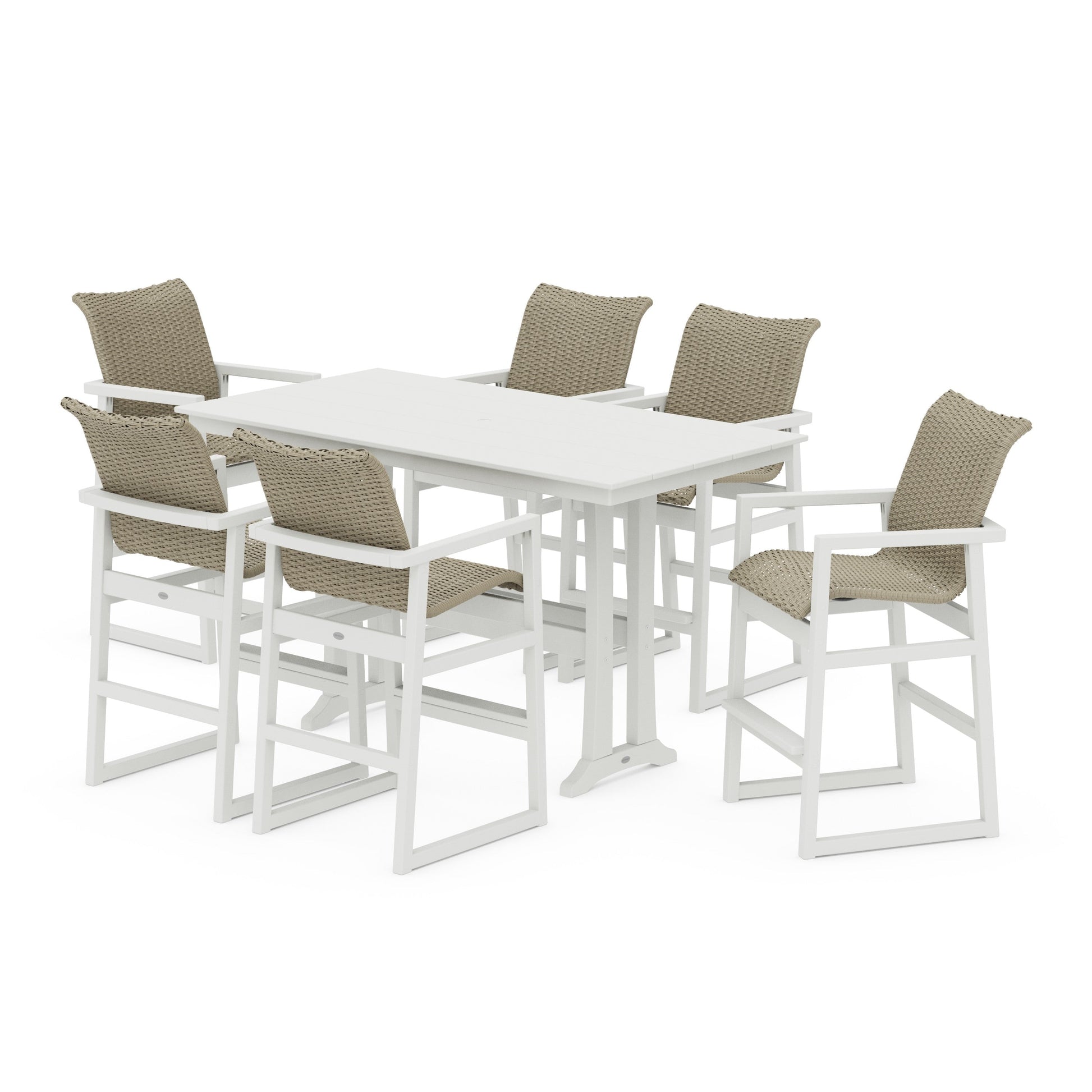 POLYWOOD EDGE Woven Arm Chair 7-Piece Farmhouse Bar Set with Trestle Legs — Vintage White / Dune Grass