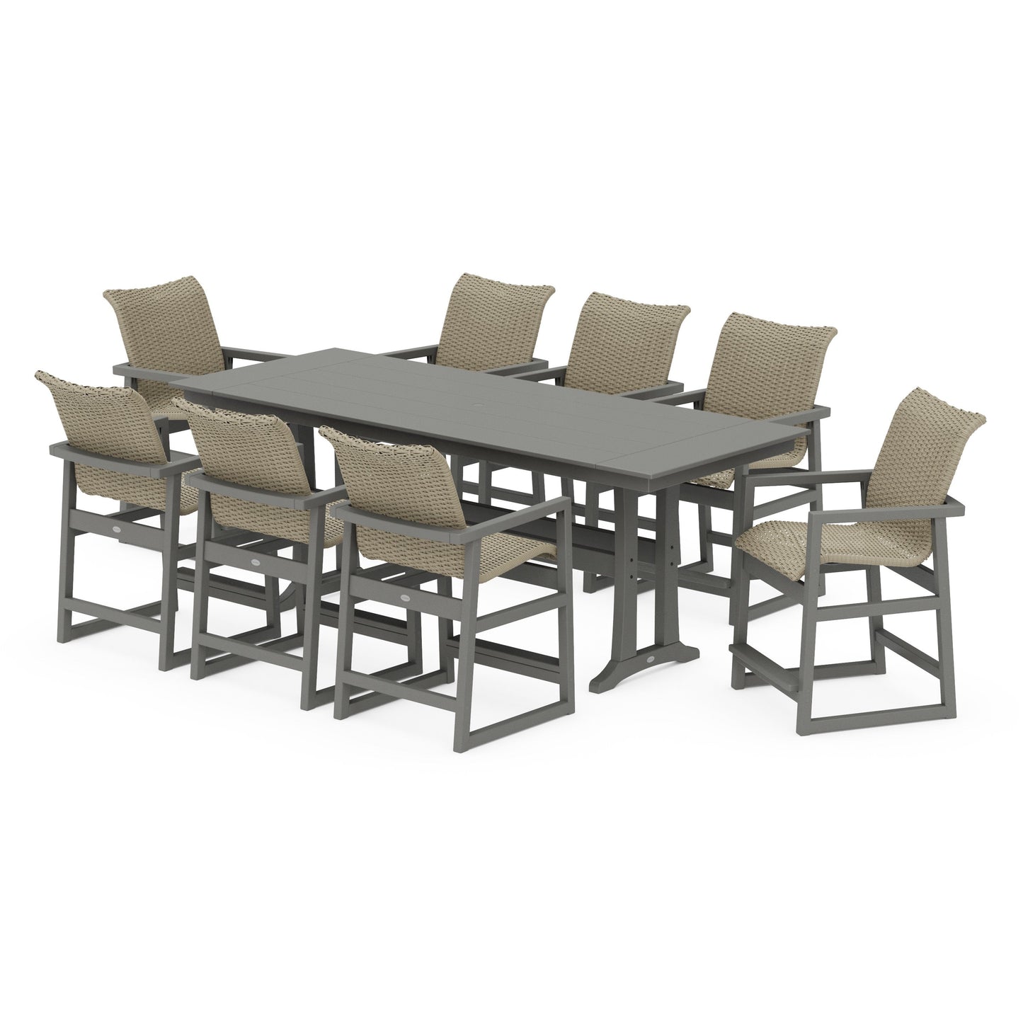 POLYWOOD EDGE Woven 9-Piece Farmhouse Counter Set with Trestle Legs — Slate Grey / Dune Grass