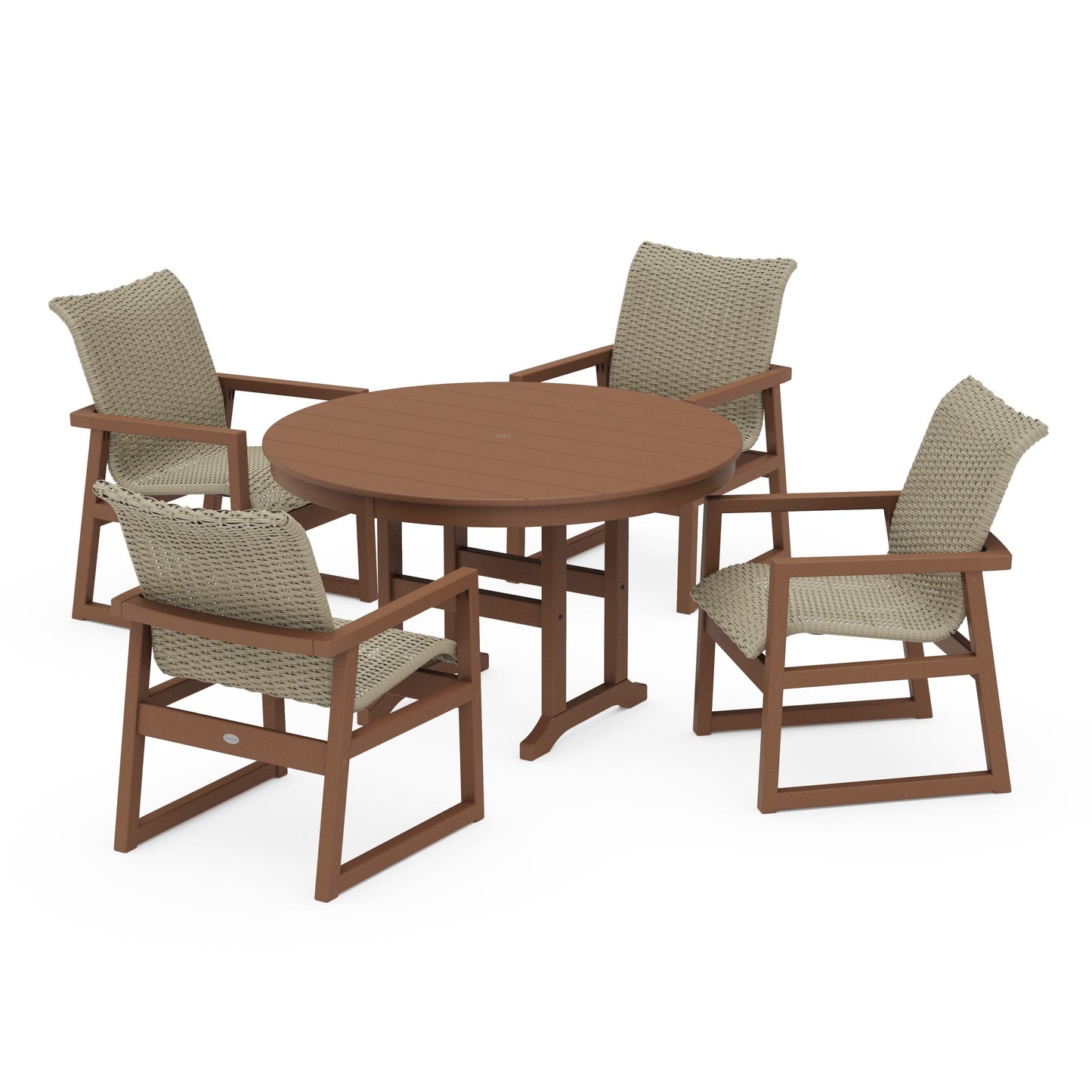 POLYWOOD EDGE Woven 5-Piece Round Farmhouse Dining Set — Teak / Dune Grass