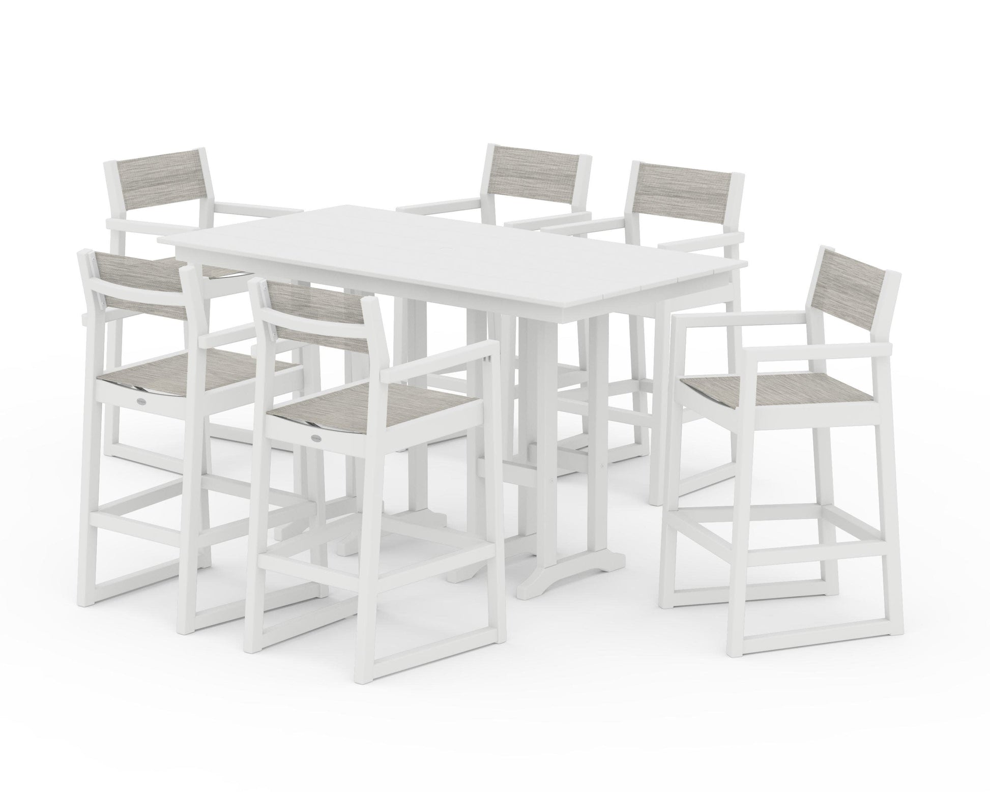 POLYWOOD EDGE Sling Arm Chair 7-Piece Farmhouse Bar Set — White / Birch Sling