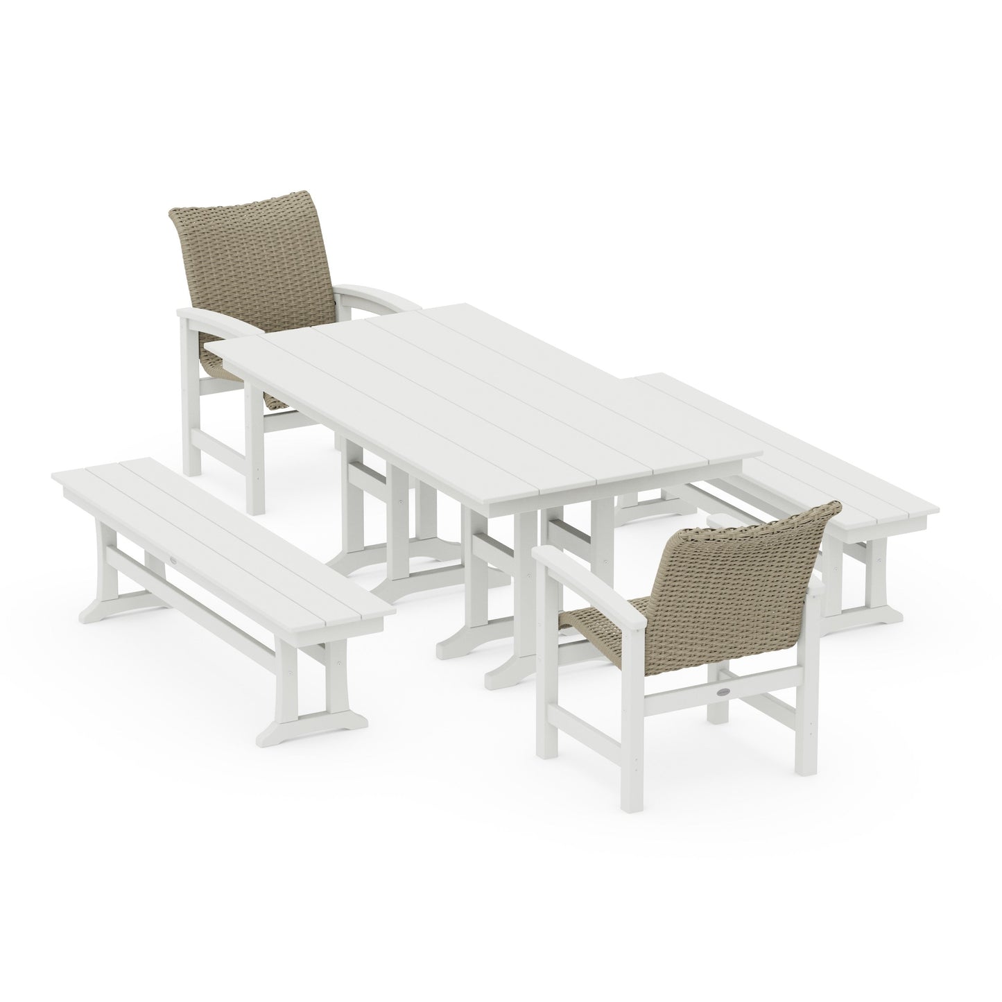 POLYWOOD Coastal Woven 5-Piece Farmhouse Dining Set with Benches — Vintage White / Dune Grass