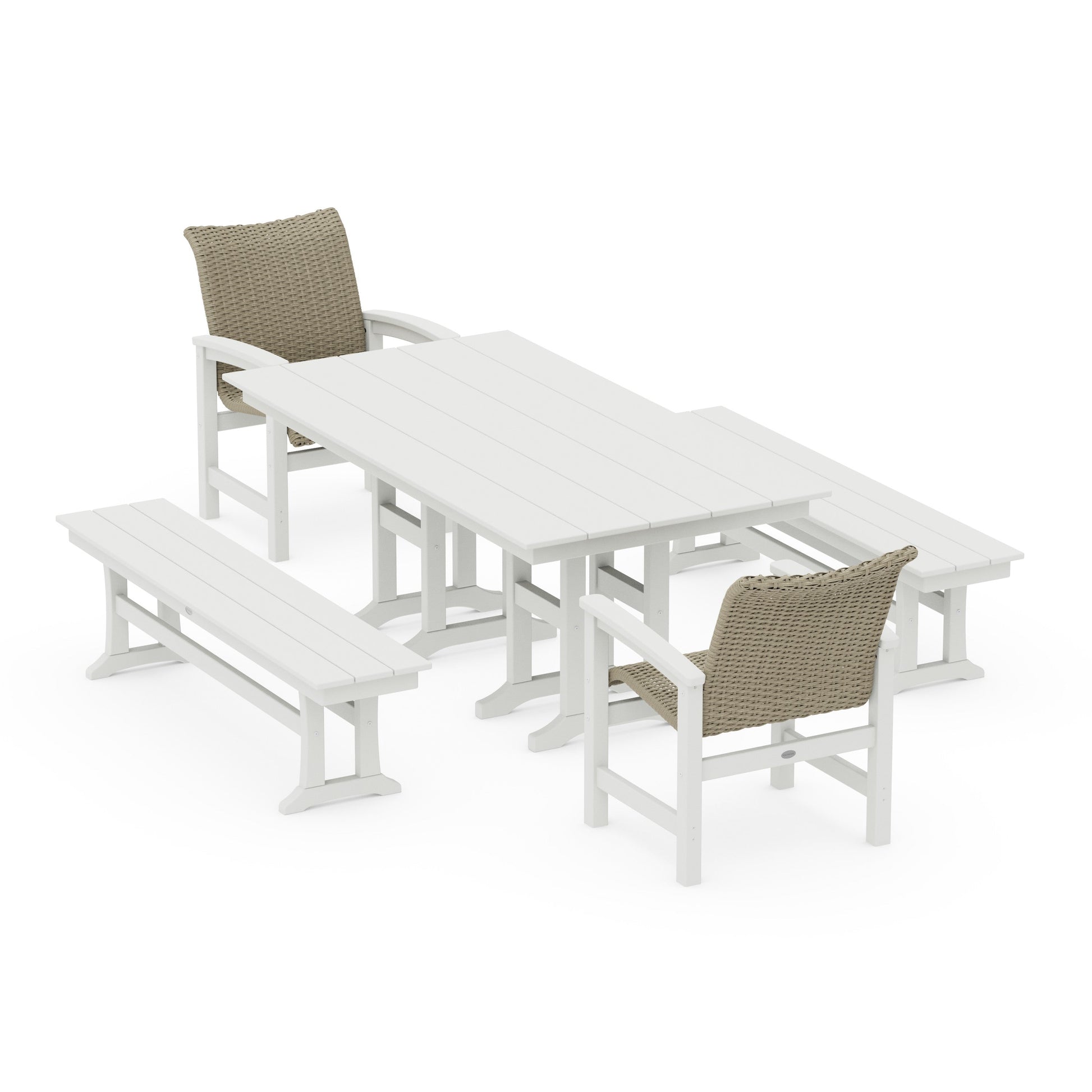 POLYWOOD Coastal Woven 5-Piece Farmhouse Dining Set with Benches — Vintage White / Dune Grass
