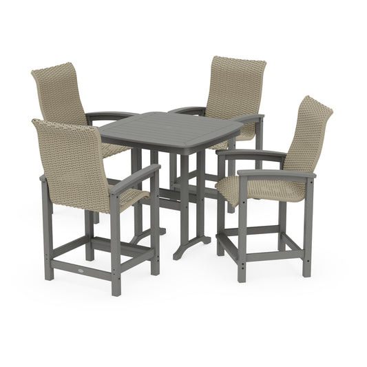 POLYWOOD Coastal Woven High-Back 5-Piece Counter Set — Slate Grey / Dune Grass