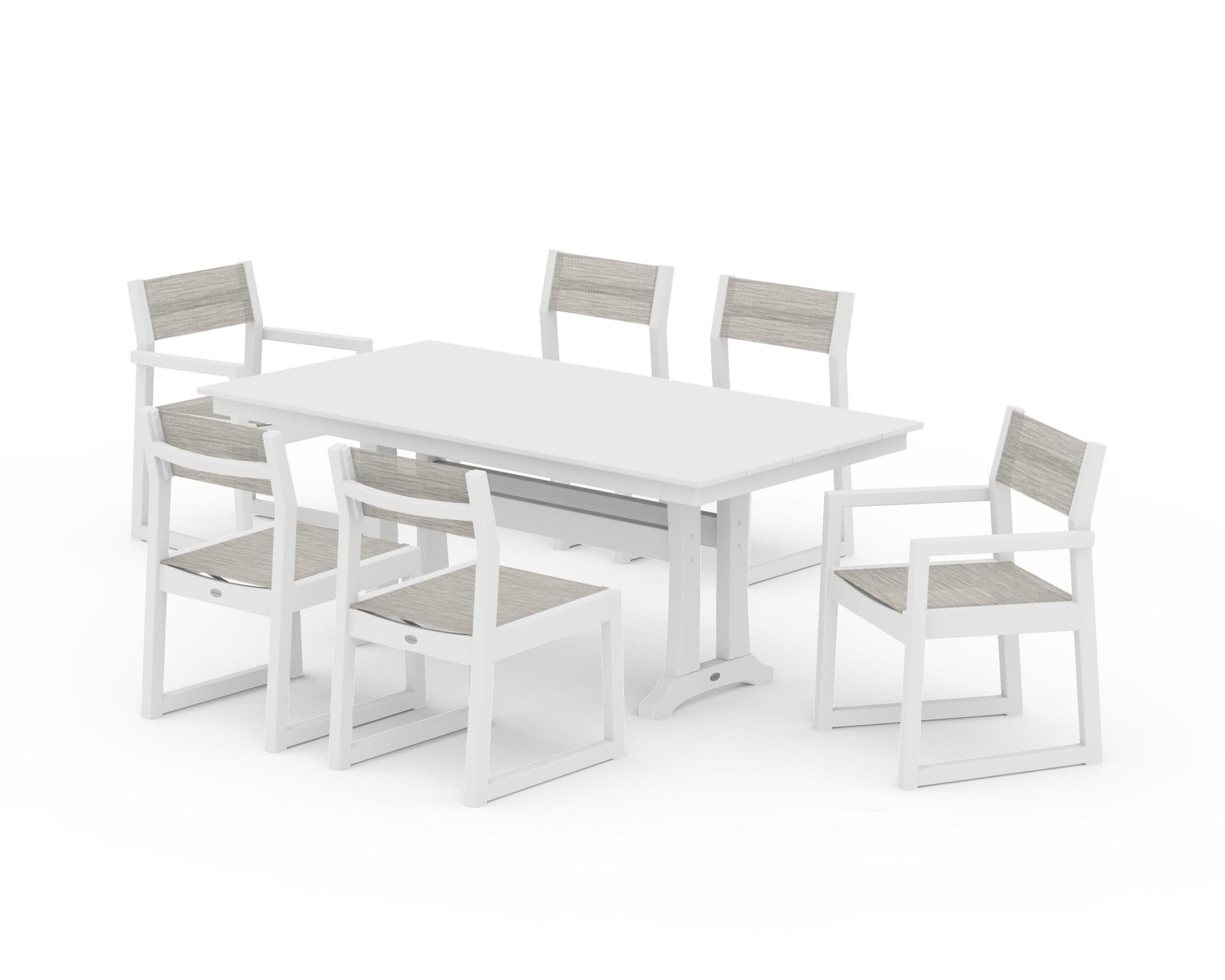 POLYWOOD EDGE Sling 7-Piece Farmhouse Trestle Dining Set — White / Birch Sling