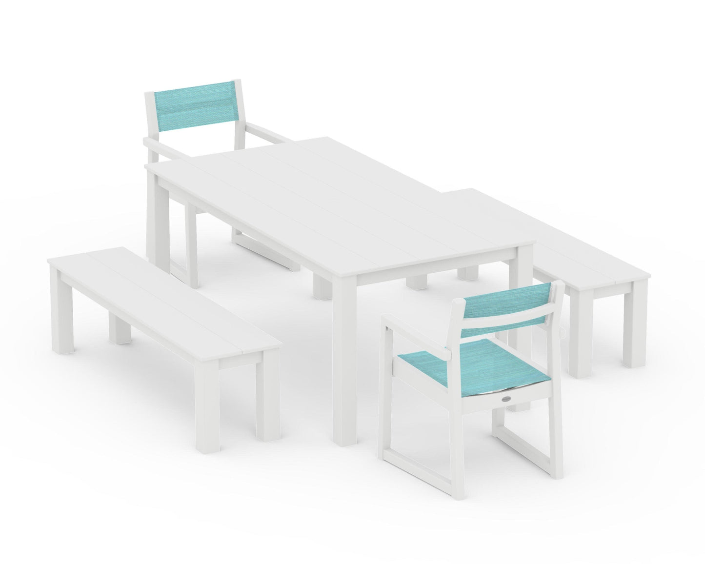 POLYWOOD EDGE Sling Arm Chair 5-Piece Parsons Dining Set with Benches — White / Dupioni Aquamarine Sling