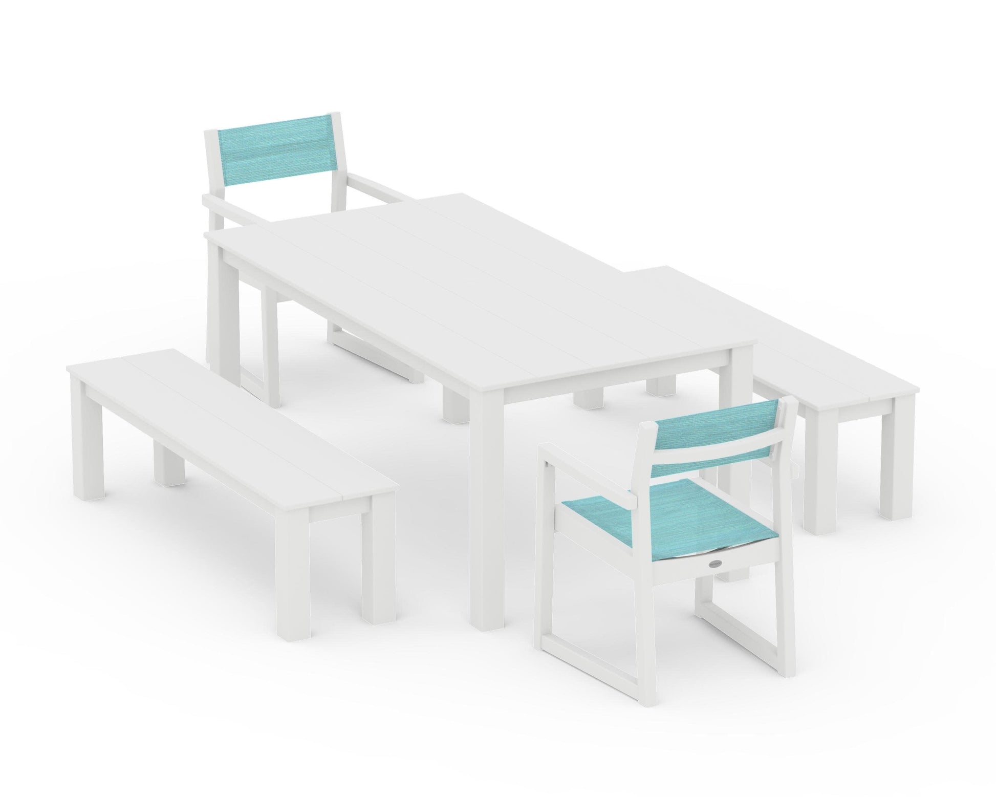 POLYWOOD EDGE Sling Arm Chair 5-Piece Parsons Dining Set with Benches — White / Dupioni Aquamarine Sling