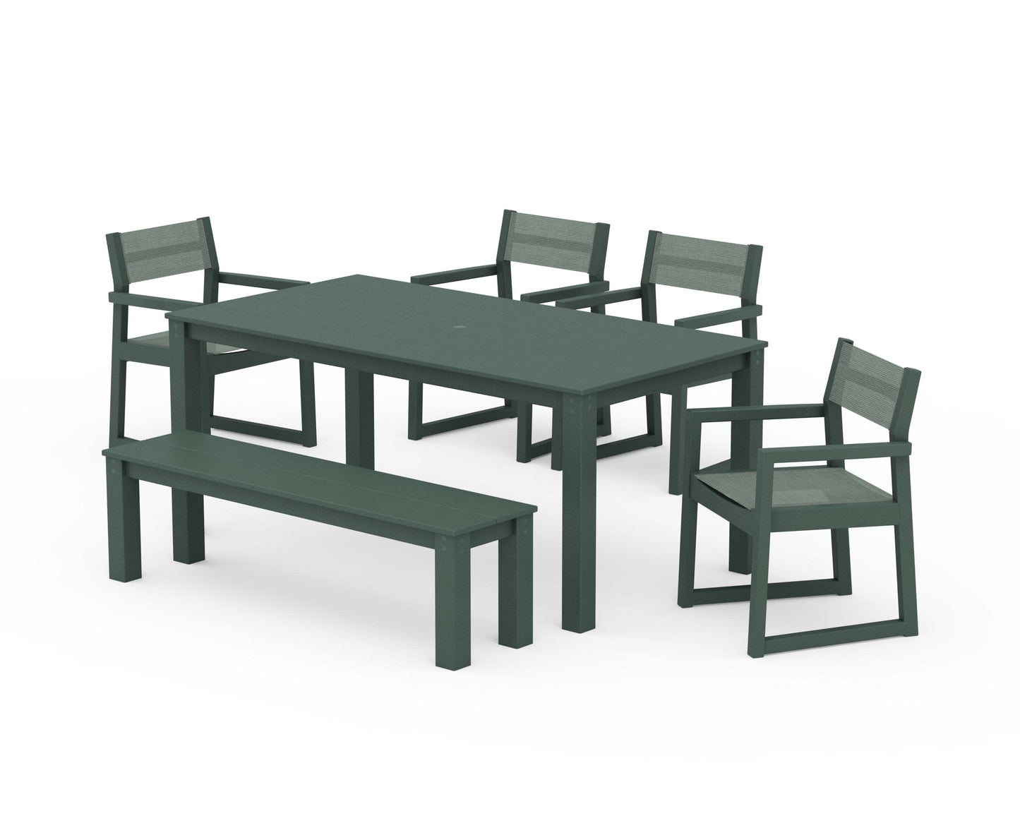 POLYWOOD EDGE Sling Arm Chair 6-Piece Parsons Dining Set with Bench — Green / Dupioni Sea Mist Sling