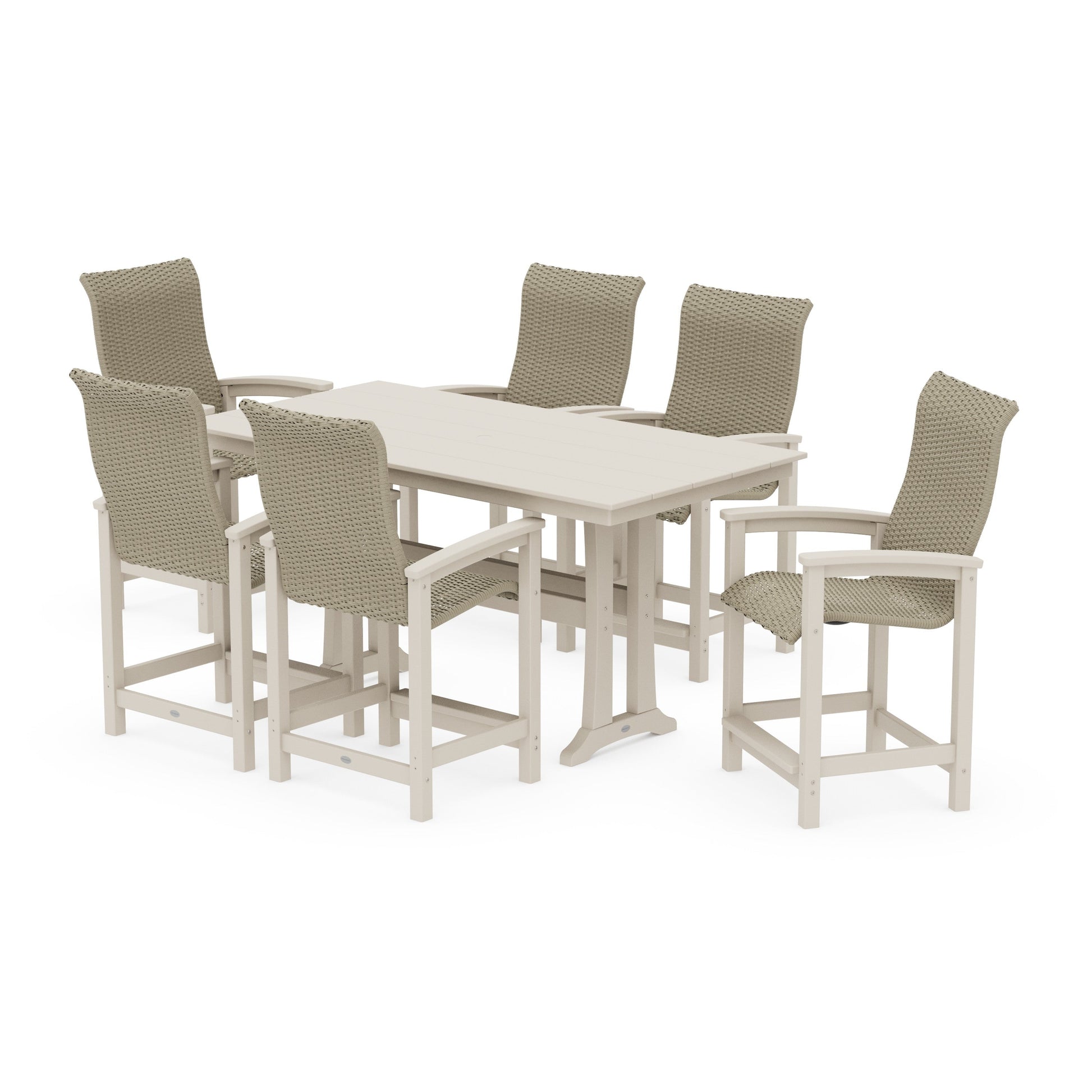 POLYWOOD Coastal Woven High-Back Arm Chair 7-Piece Farmhouse Counter Set with Trestle Legs — Sand / Dune Grass
