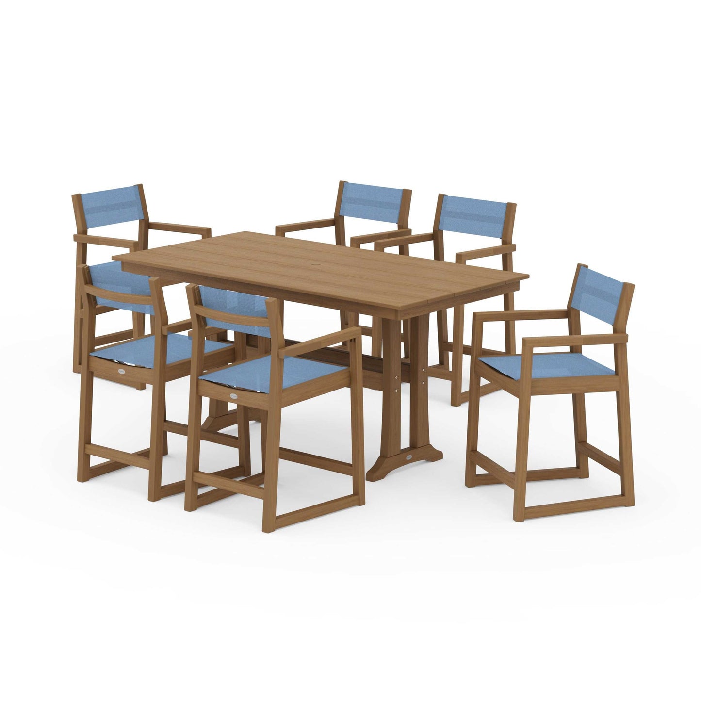 POLYWOOD EDGE Sling Arm Chair 7-Piece Farmhouse Counter Set with Trestle Legs — Natural / Poolside Sling