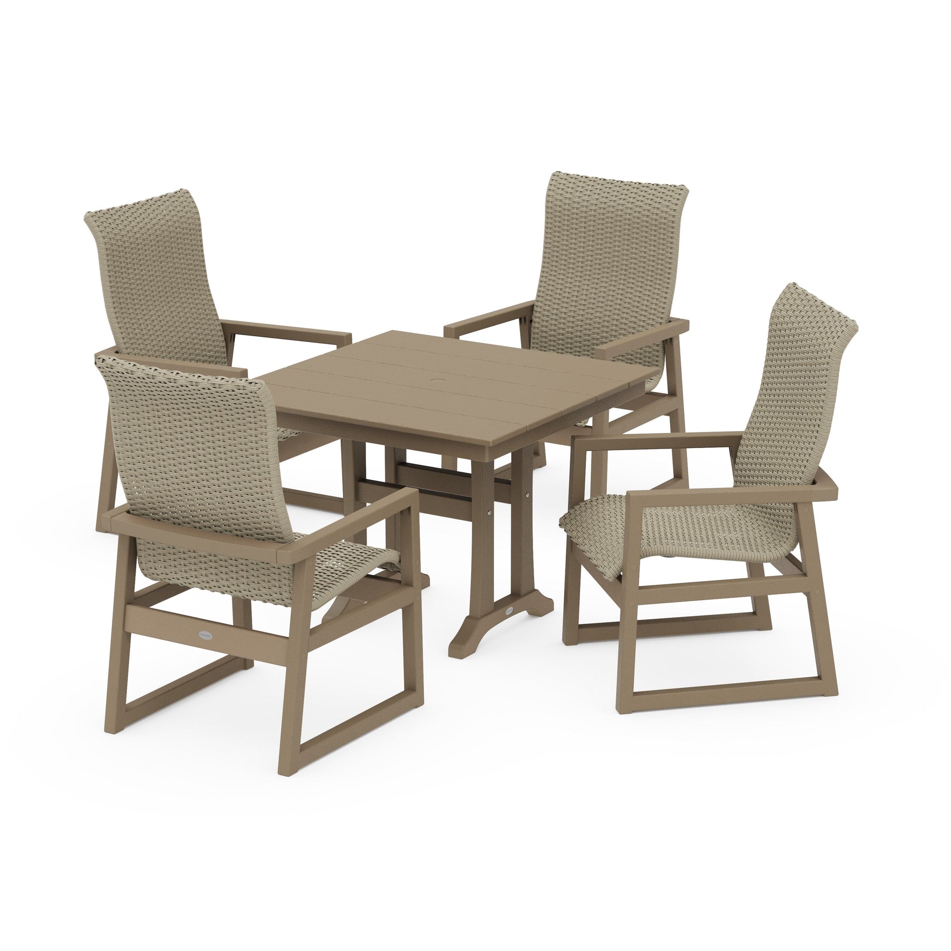 POLYWOOD EDGE Woven Highback 5-Piece Farmhouse Dining Set with Trestle Legs — Vintage Sahara / Dune Grass