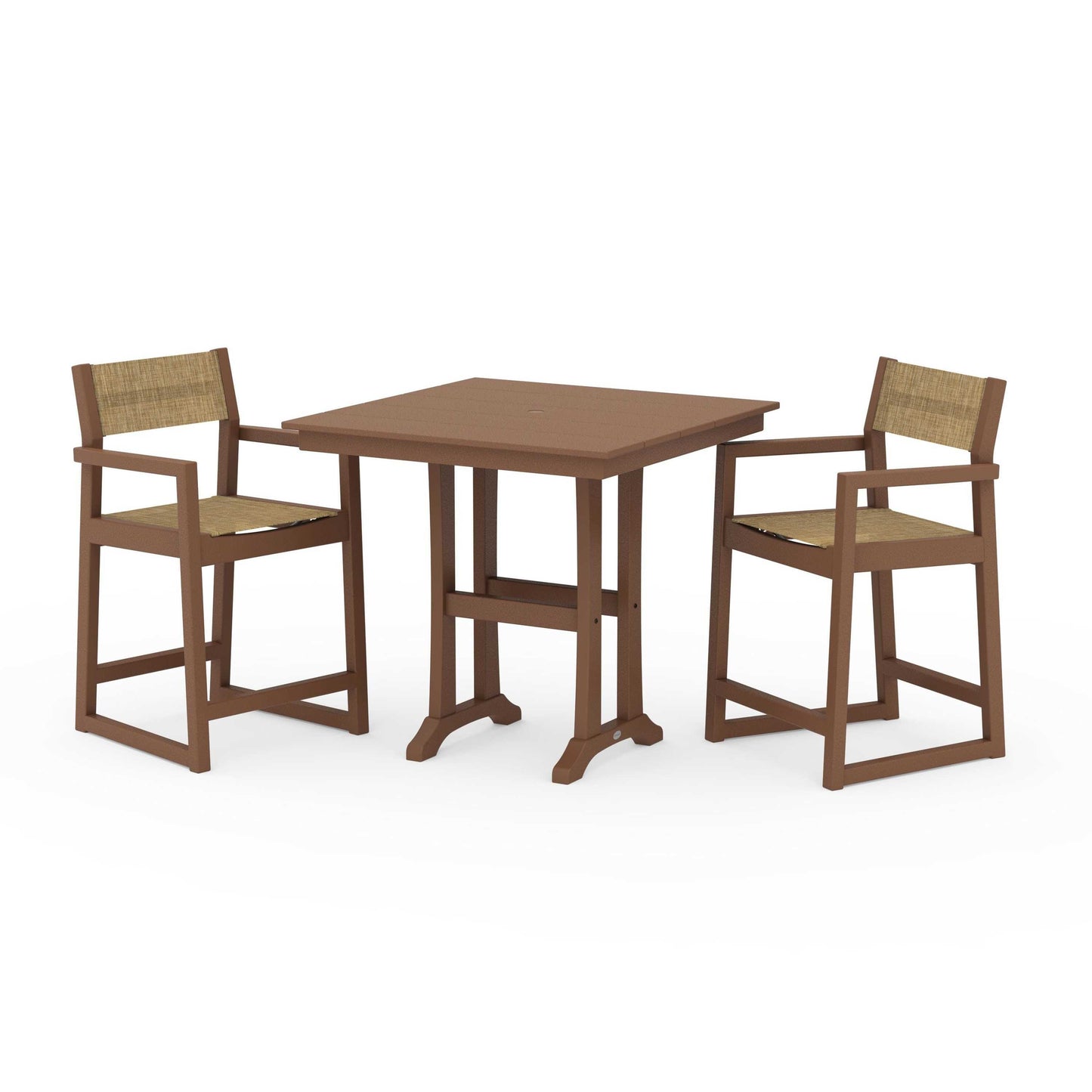 POLYWOOD EDGE Sling Arm Chair 3-Piece Farmhouse Counter Set with Trestle Legs — Teak / Burlap Sling