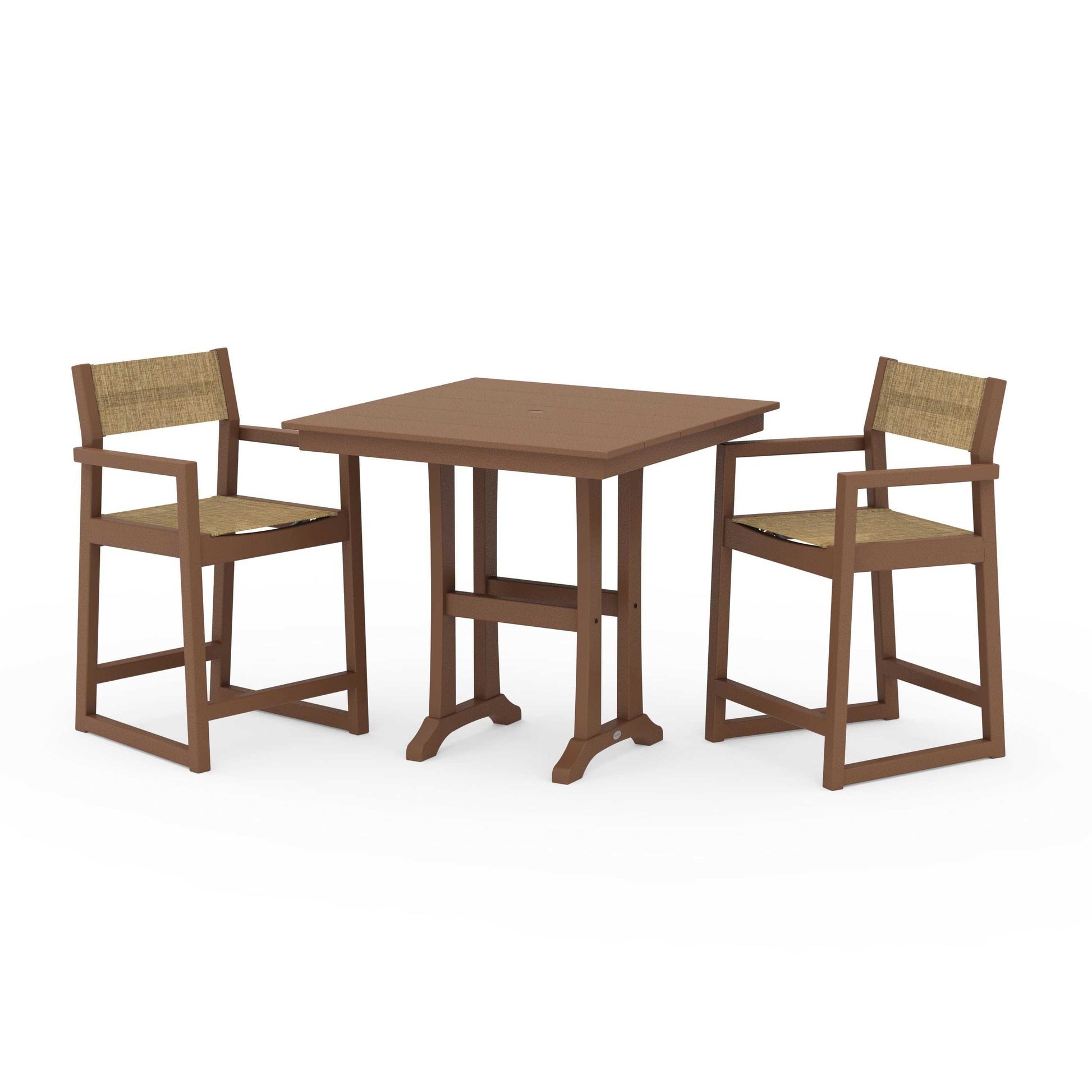 POLYWOOD EDGE Sling Arm Chair 3-Piece Farmhouse Counter Set with Trestle Legs — Teak / Burlap Sling
