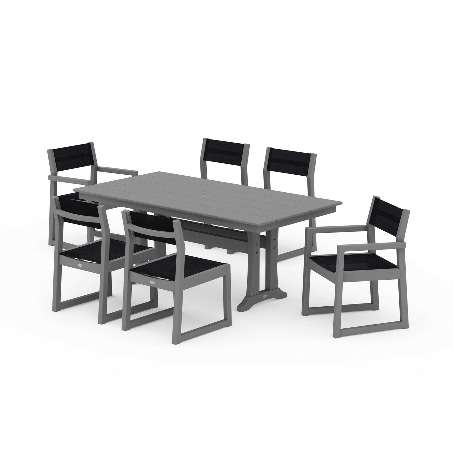 POLYWOOD EDGE Sling 7-Piece Farmhouse Trestle Dining Set — Slate Grey / Black Sling