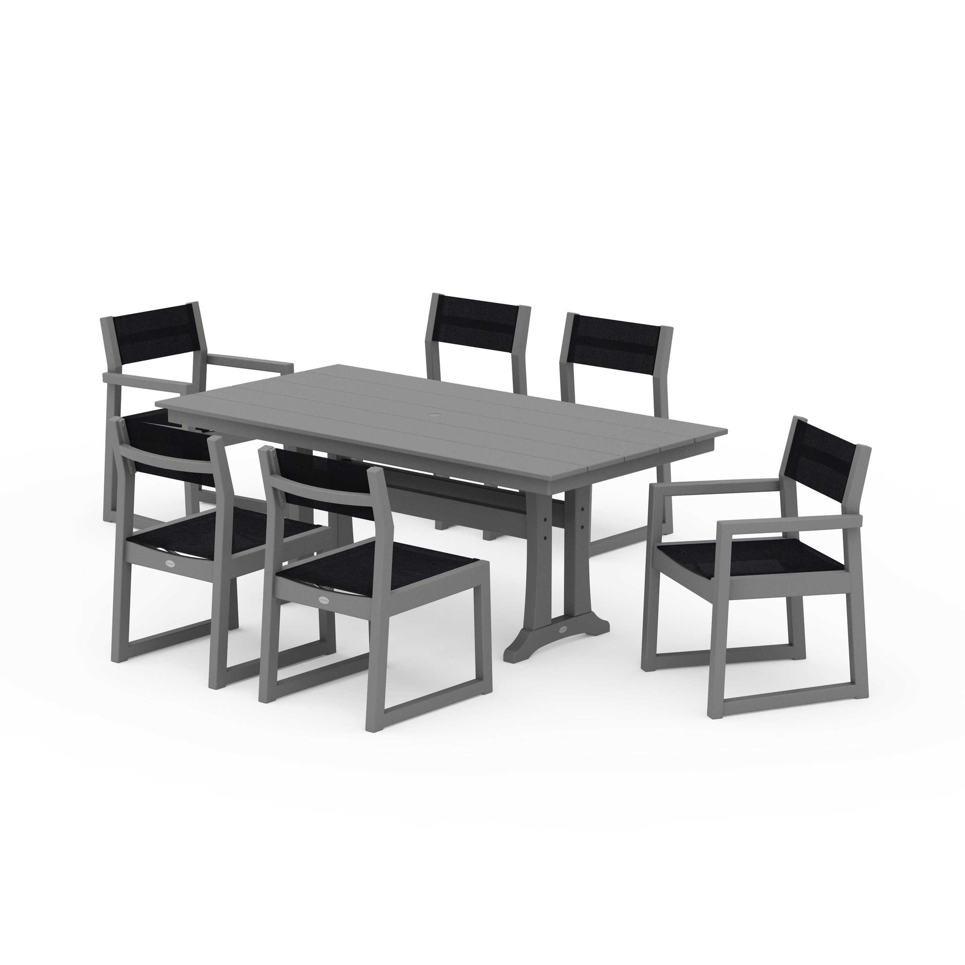 POLYWOOD EDGE Sling 7-Piece Farmhouse Trestle Dining Set — Slate Grey / Black Sling