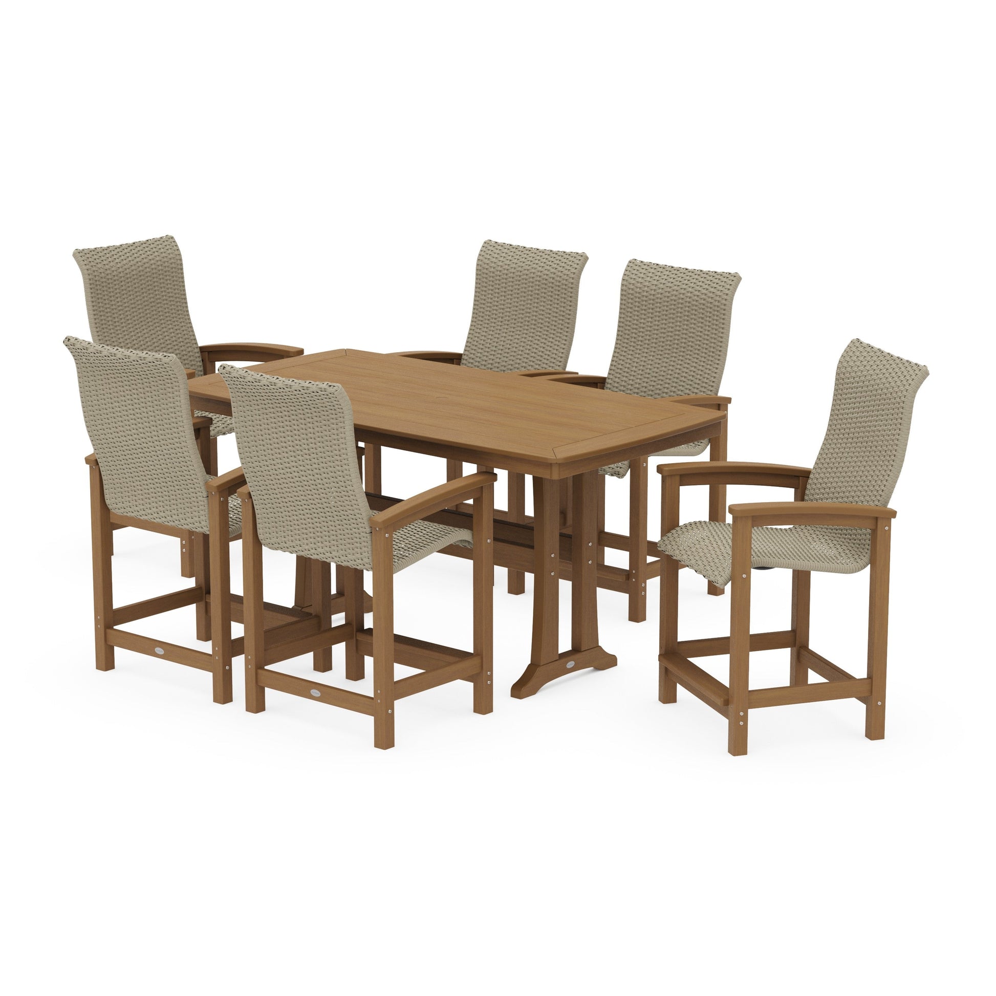 POLYWOOD Coastal Woven High-Back Arm Chair 7-Piece Counter Set with Trestle Legs — Natural / Dune Grass