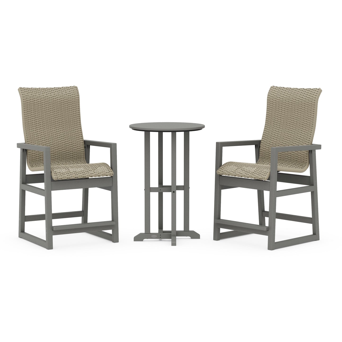 POLYWOOD EDGE Woven Highback 3-Piece Farmhouse Counter Set — Slate Grey / Dune Grass