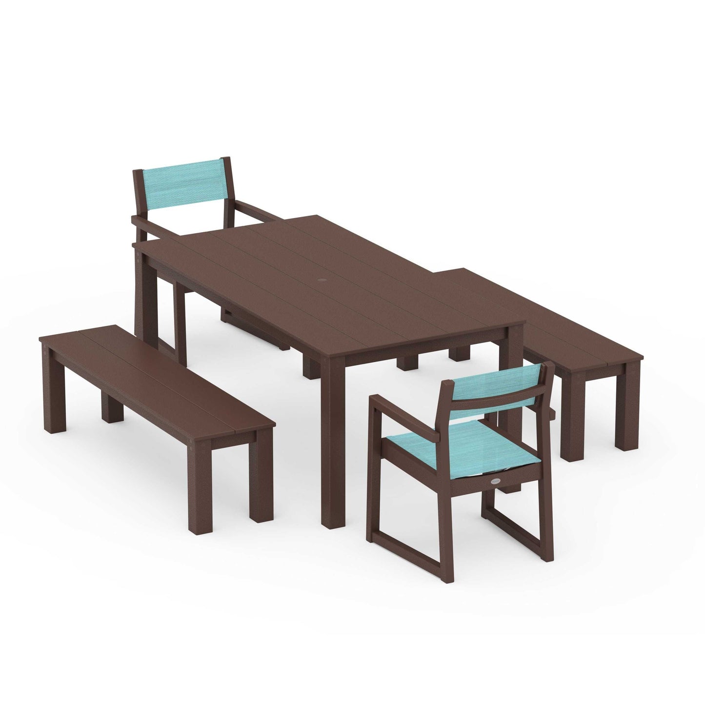 POLYWOOD EDGE Sling Arm Chair 5-Piece Parsons Dining Set with Benches — Mahogany / Dupioni Aquamarine Sling