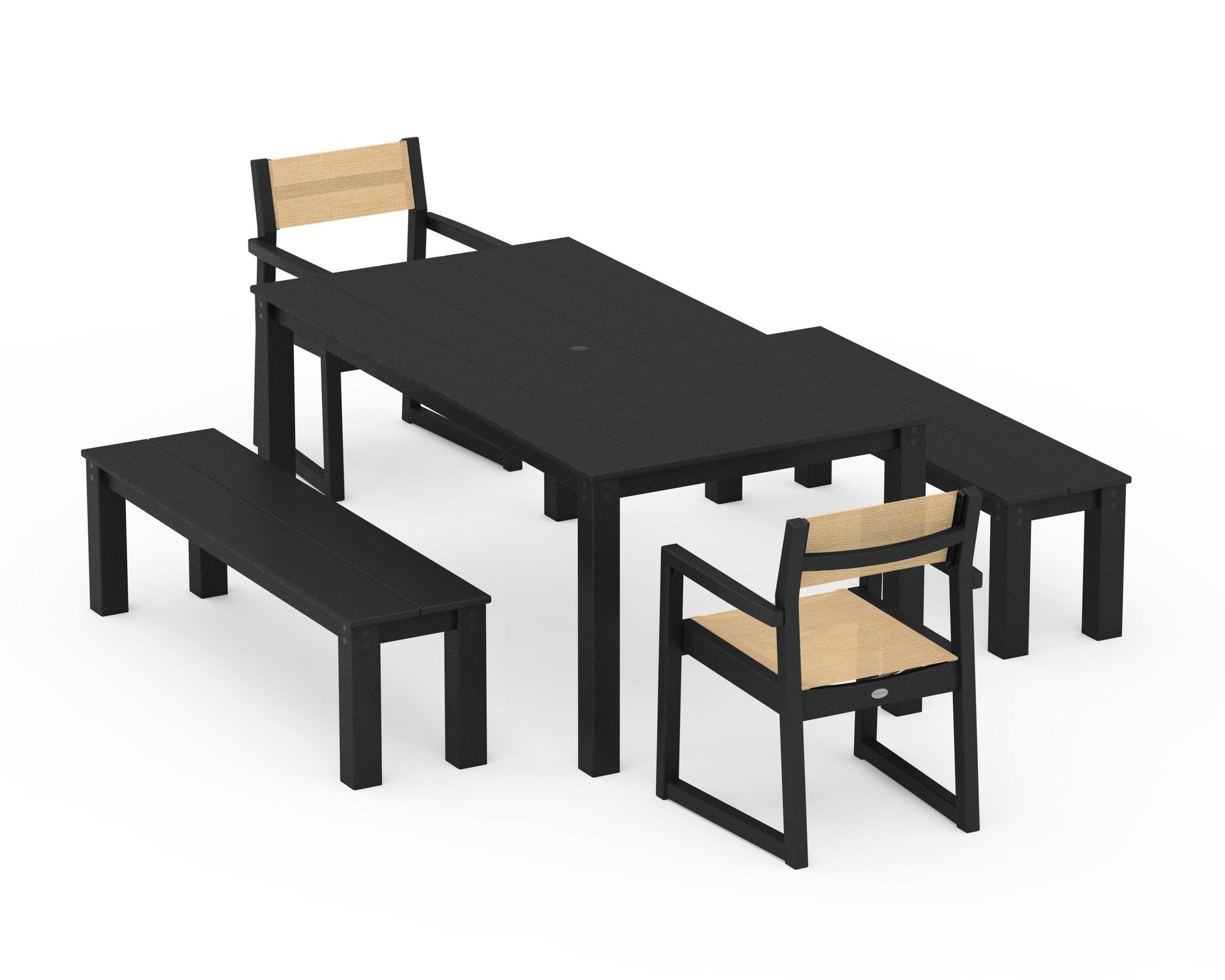 POLYWOOD EDGE Sling Arm Chair 5-Piece Parsons Dining Set with Benches — Black / Dupioni Apricot Sling
