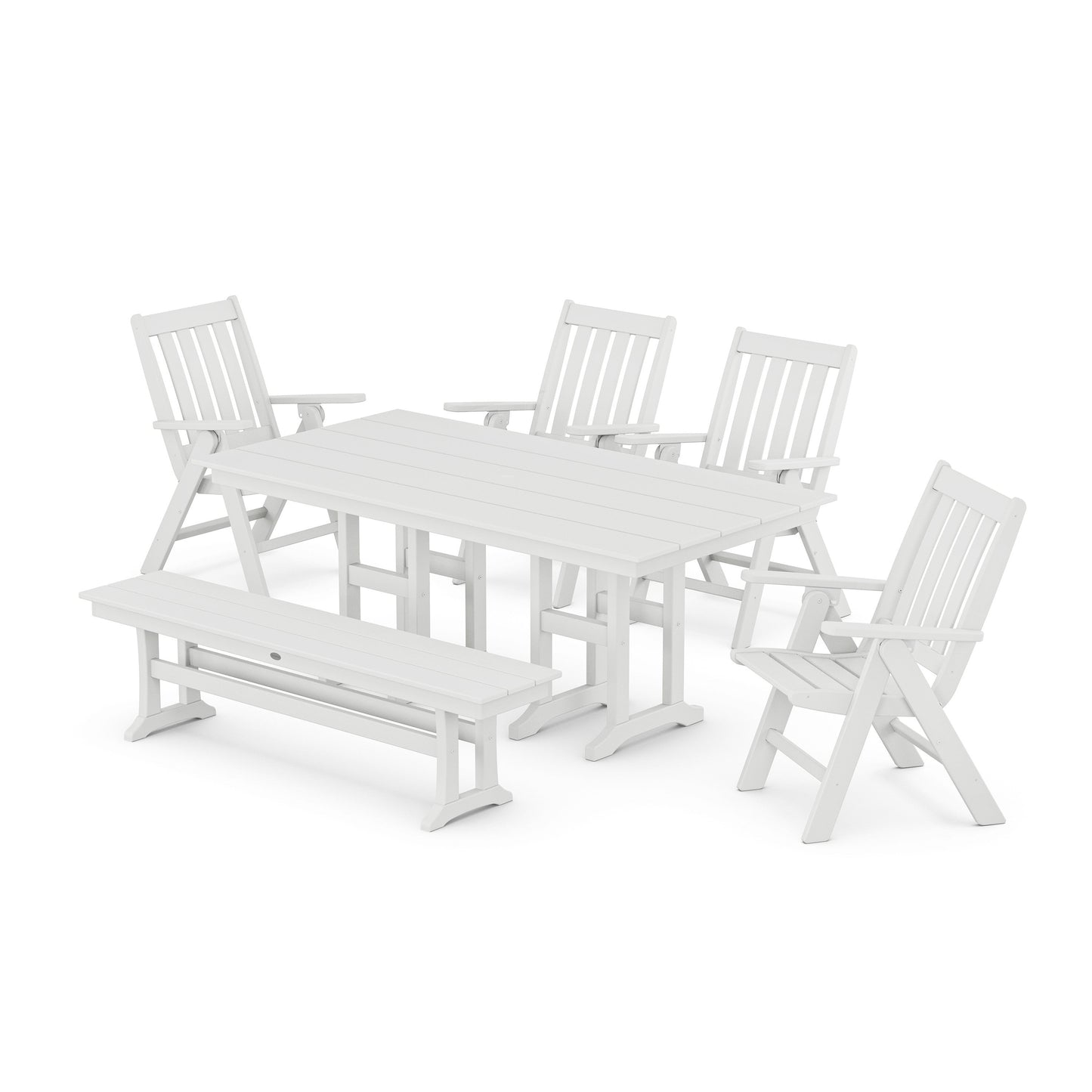 POLYWOOD Vineyard Folding Chair 6-Piece Farmhouse Dining Set with Bench — White