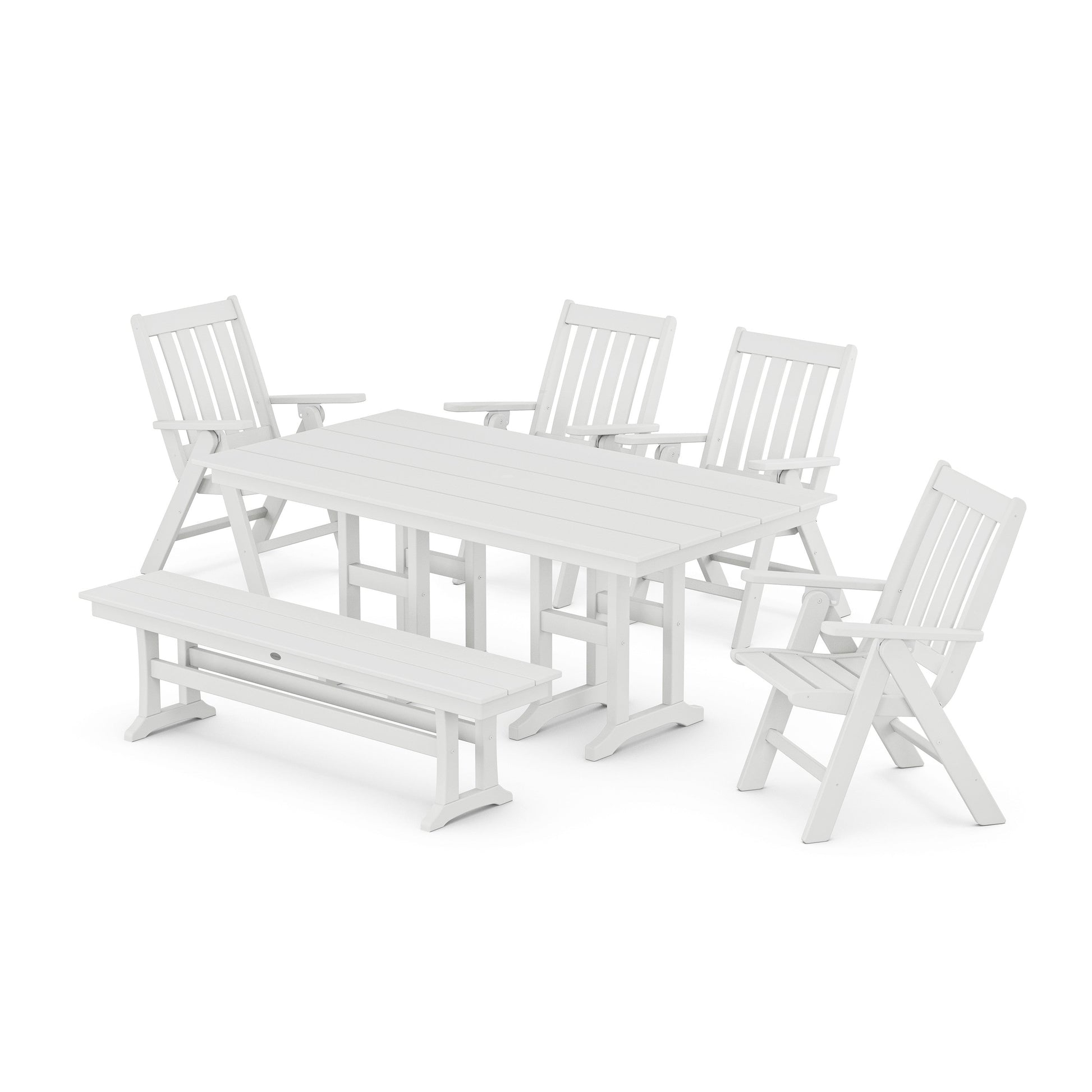 POLYWOOD Vineyard Folding Chair 6-Piece Farmhouse Dining Set with Bench — White