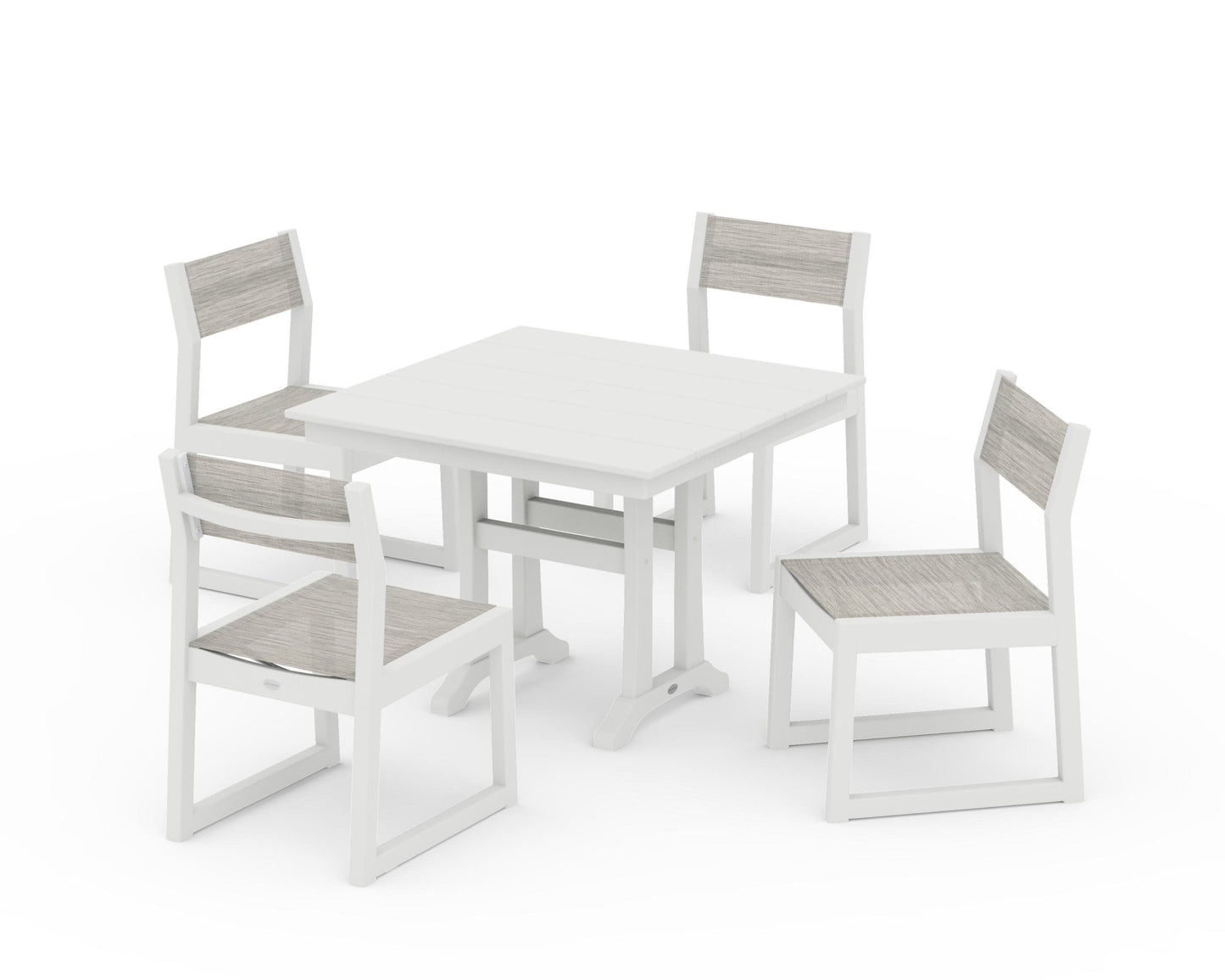 POLYWOOD EDGE Sling 5-Piece Farmhouse Trestle Side Chair Dining Set — Vintage White / Birch Sling