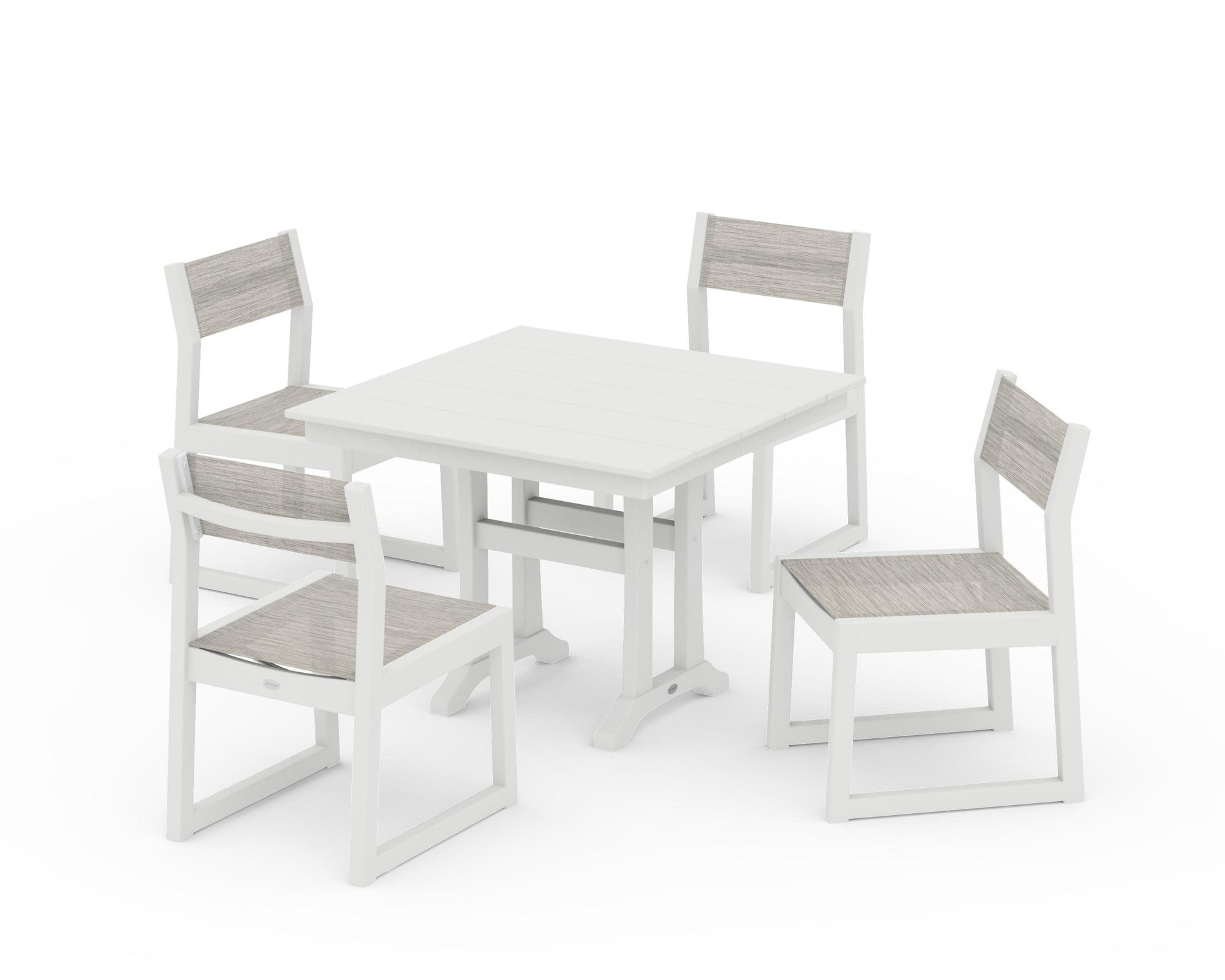 POLYWOOD EDGE Sling 5-Piece Farmhouse Trestle Side Chair Dining Set — Vintage White / Birch Sling