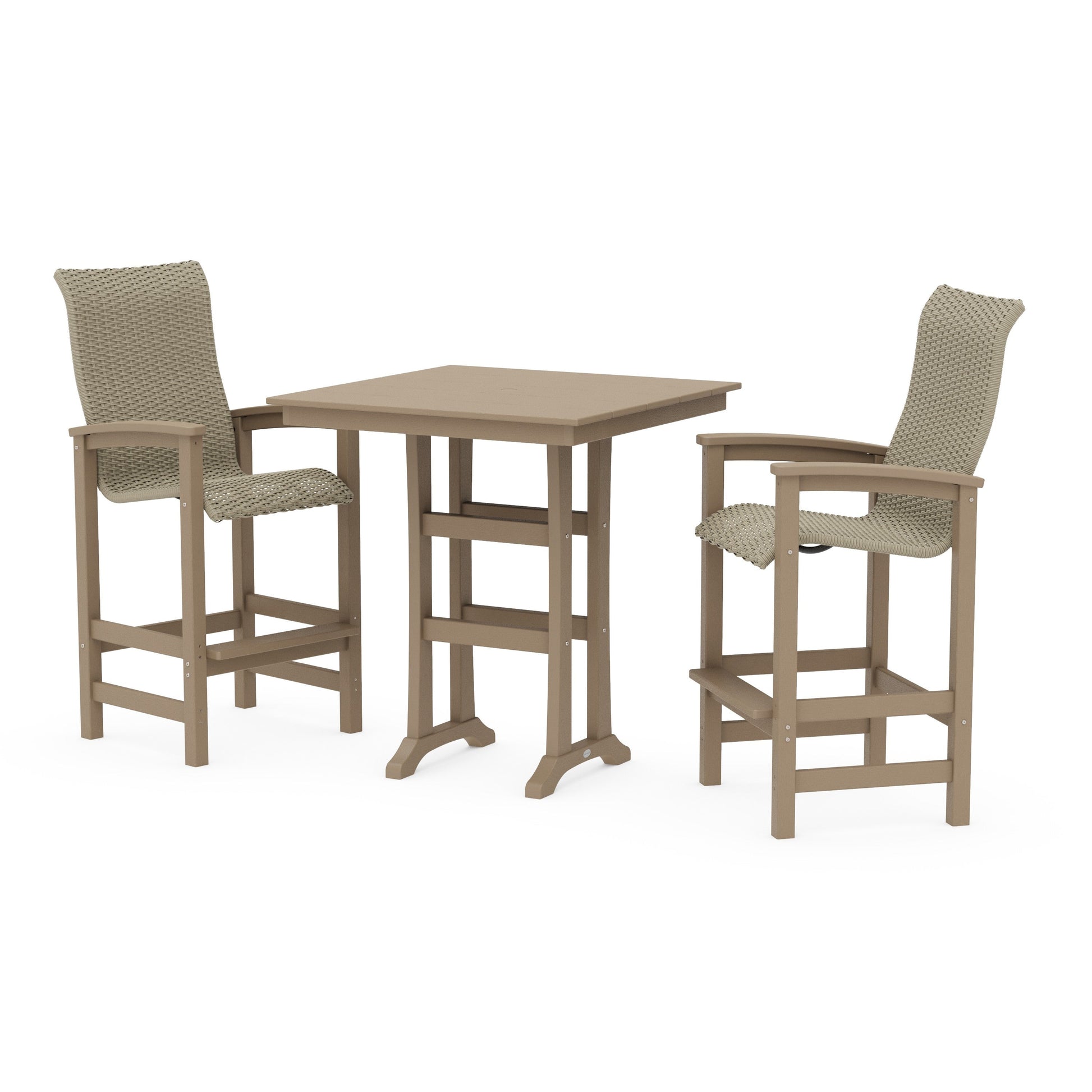 POLYWOOD Coastal Woven High-Back 3-Piece Farmhouse Bar Set with Trestle Legs — Vintage Sahara / Dune Grass
