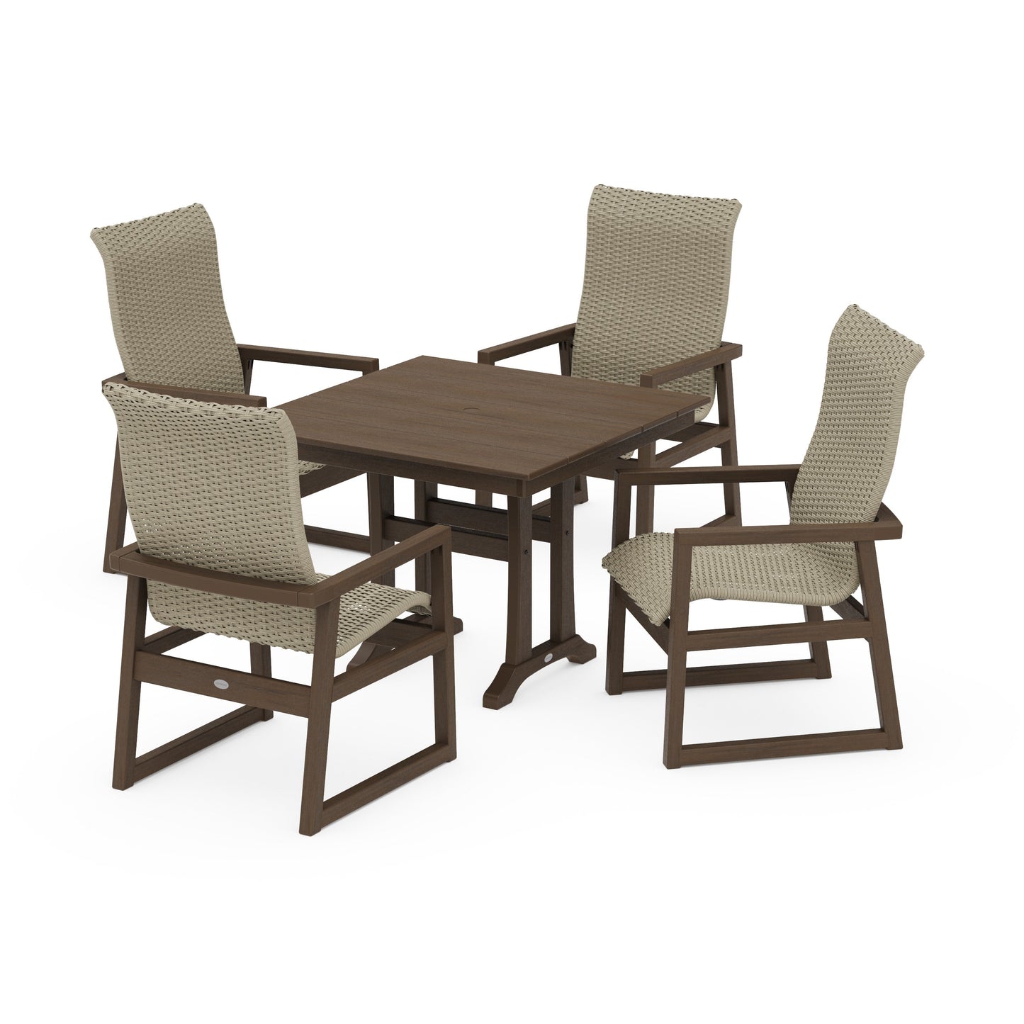 POLYWOOD EDGE Woven Highback 5-Piece Farmhouse Dining Set with Trestle Legs — Kona / Dune Grass