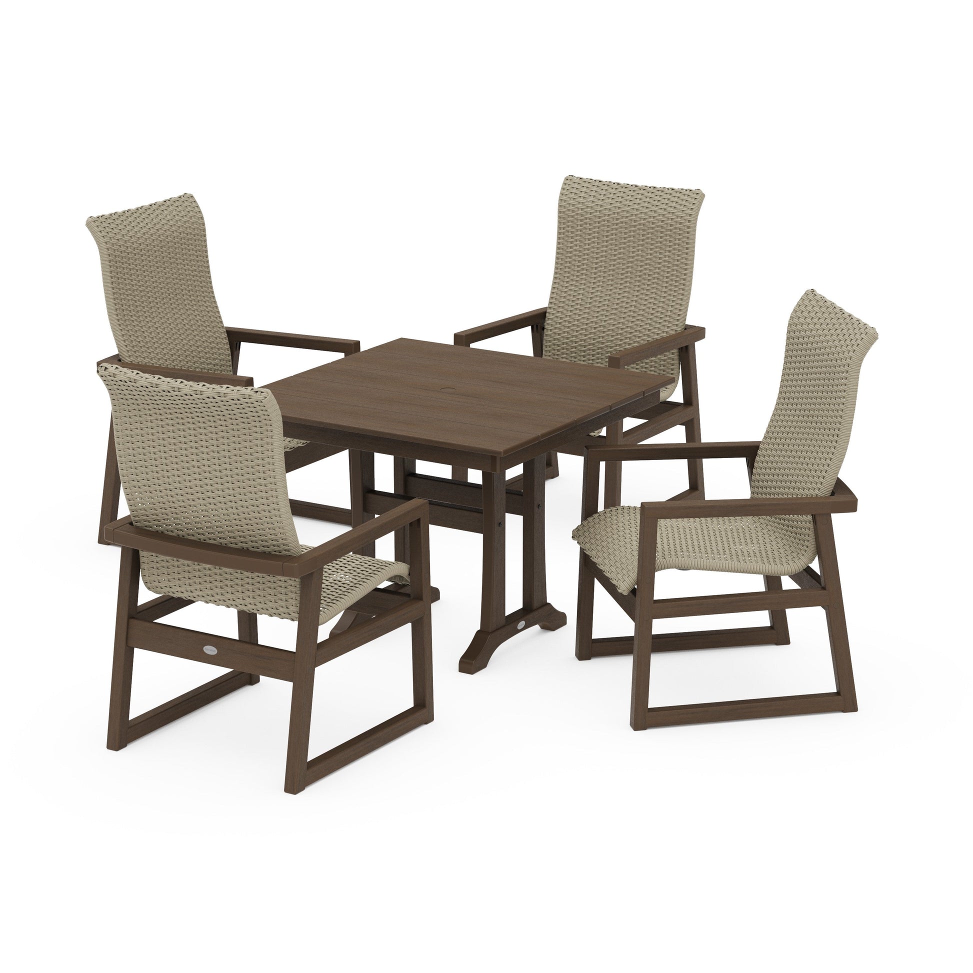 POLYWOOD EDGE Woven Highback 5-Piece Farmhouse Dining Set with Trestle Legs — Kona / Dune Grass