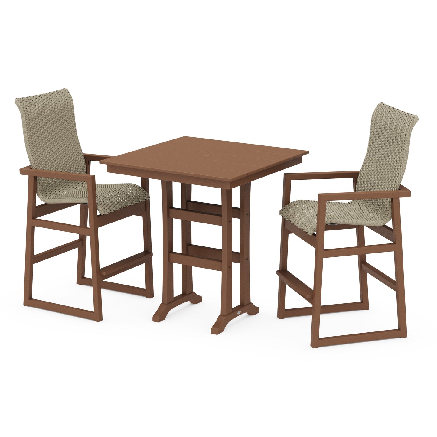 POLYWOOD EDGE Woven Highback 3-Piece Farmhouse Bar Set with Trestle Legs — Teak / Dune Grass