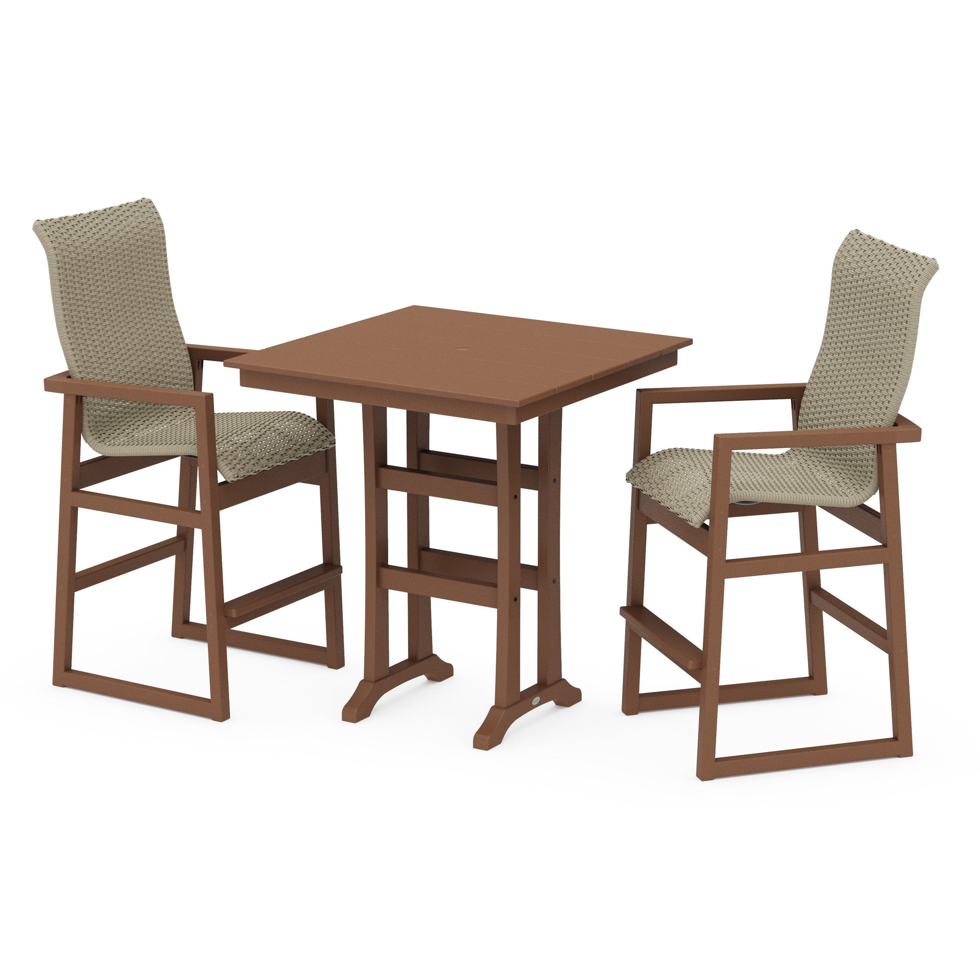 POLYWOOD EDGE Woven Highback 3-Piece Farmhouse Bar Set with Trestle Legs — Teak / Dune Grass
