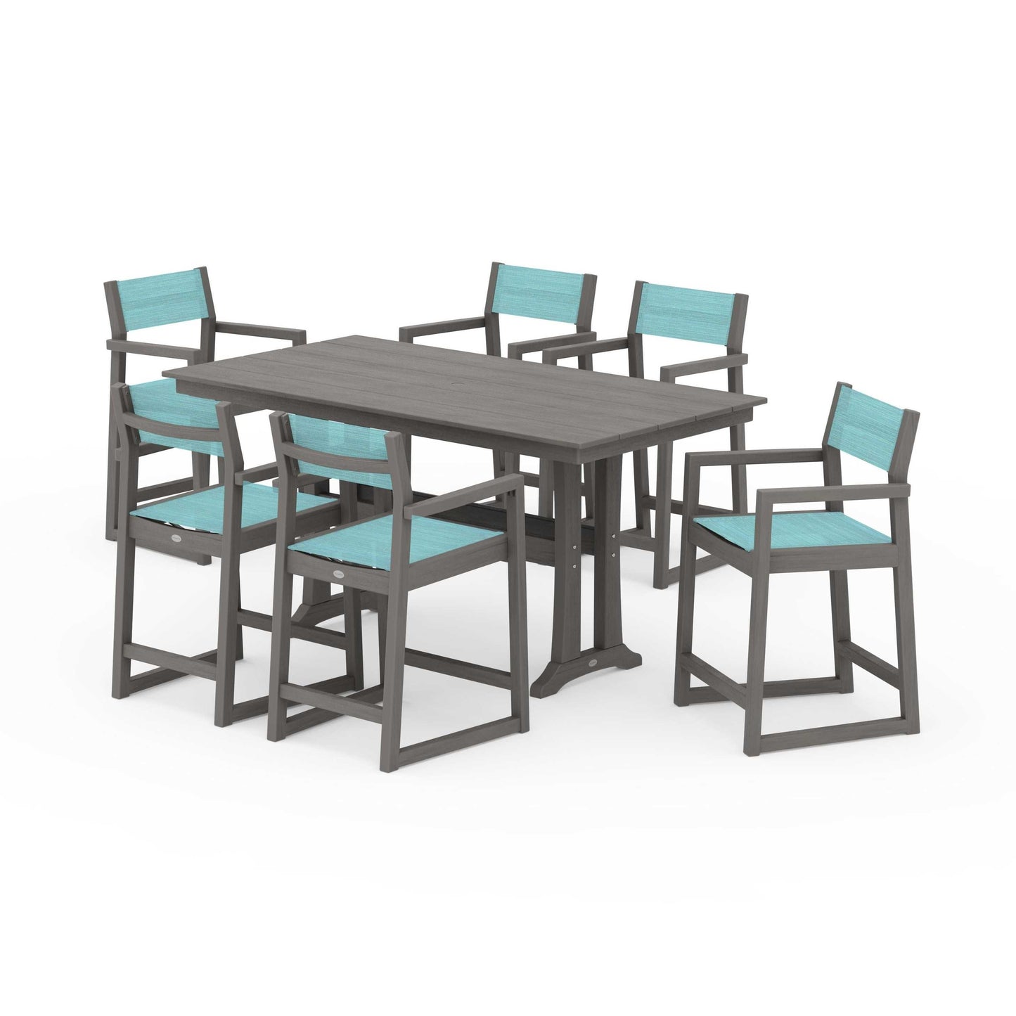 POLYWOOD EDGE Sling Arm Chair 7-Piece Farmhouse Counter Set with Trestle Legs — Driftwood / Dupioni Aquamarine Sling