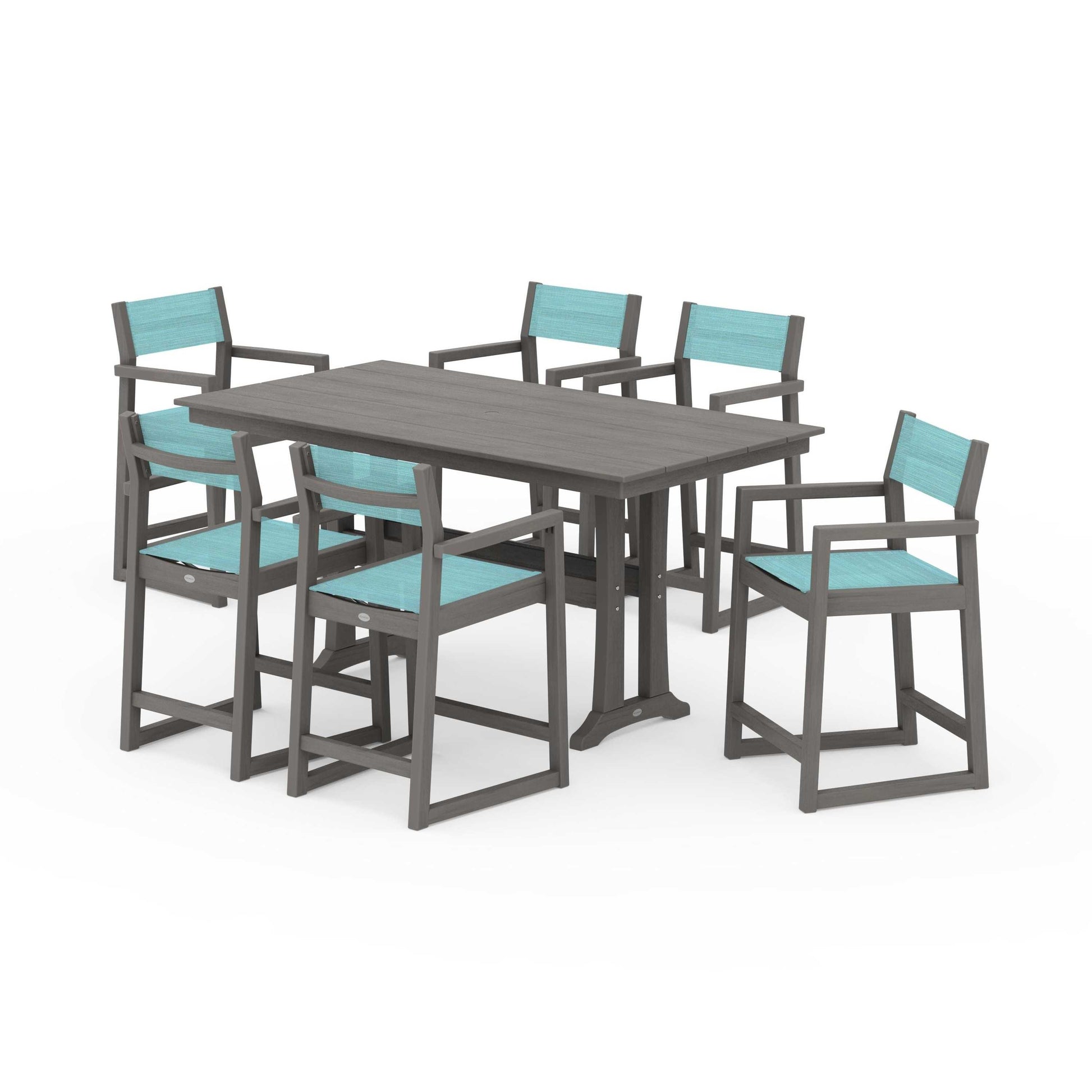 POLYWOOD EDGE Sling Arm Chair 7-Piece Farmhouse Counter Set with Trestle Legs — Driftwood / Dupioni Aquamarine Sling